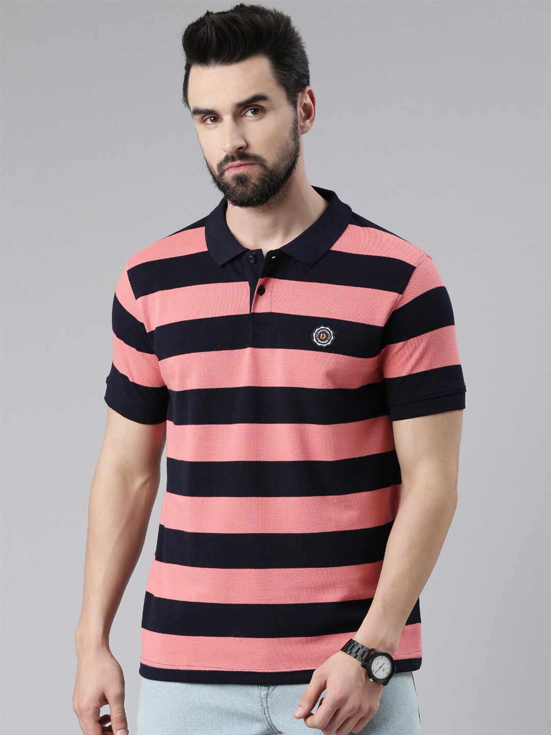 

DIXCY SCOTT Men Striped Polo Collar T-shirt, Pink