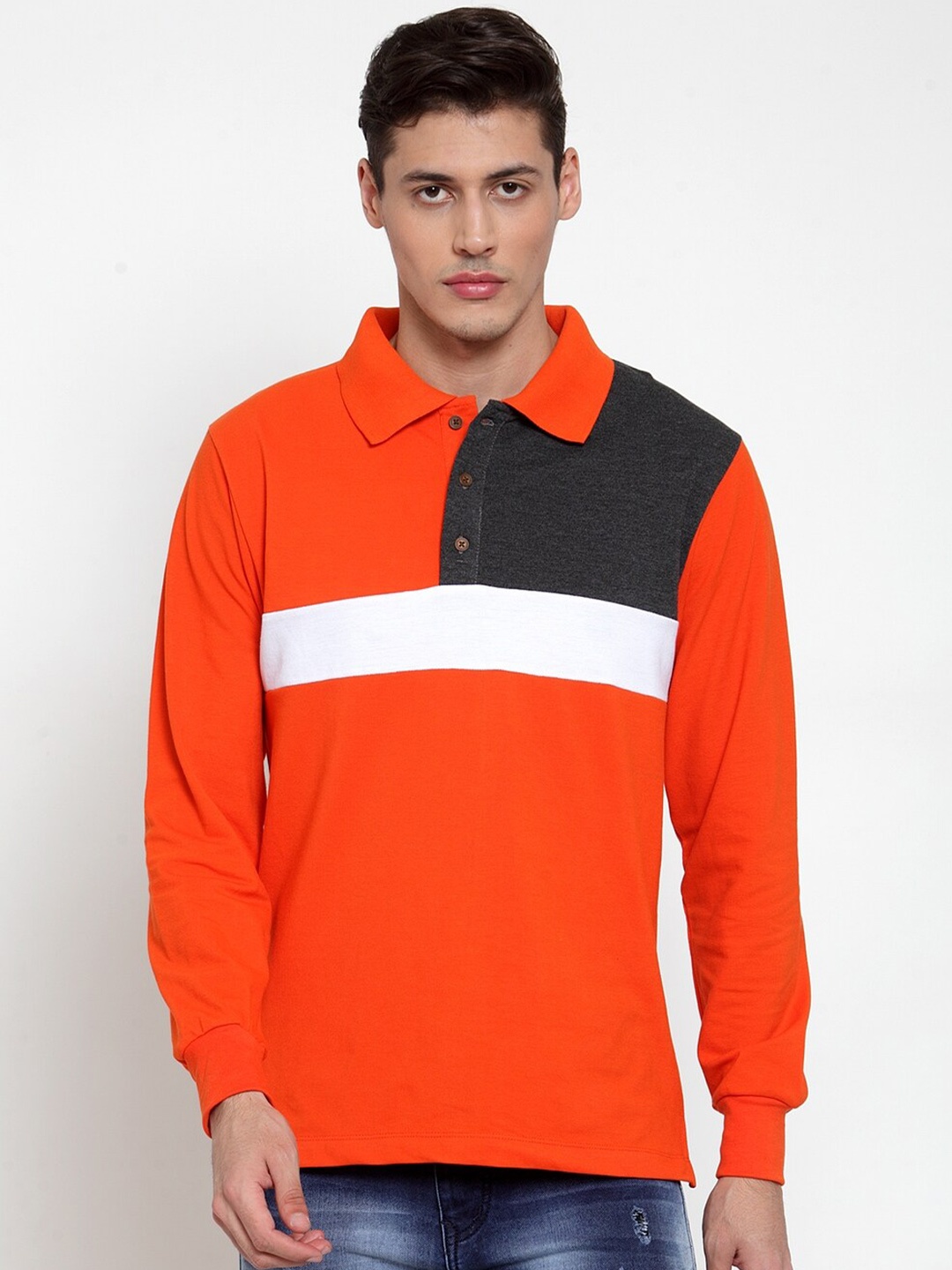 

Kalt Men Colourblocked Polo Collar T-shirt, Orange