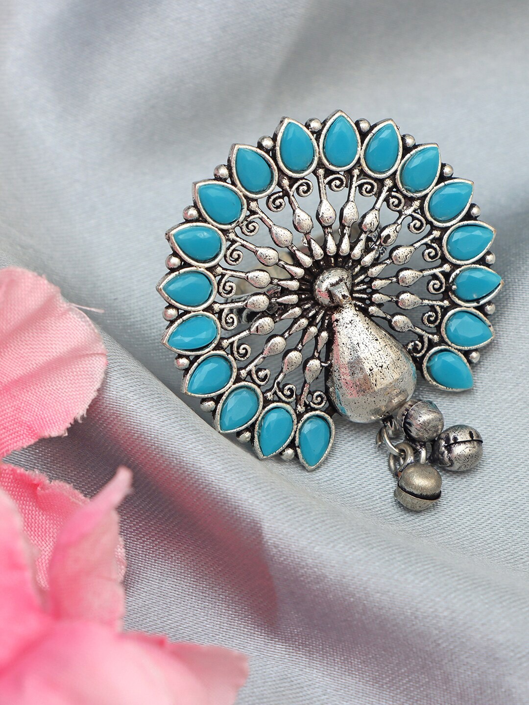 

Ozanoo Silver-Plated Stone-Studded Peacock Adjustable Finger Ring