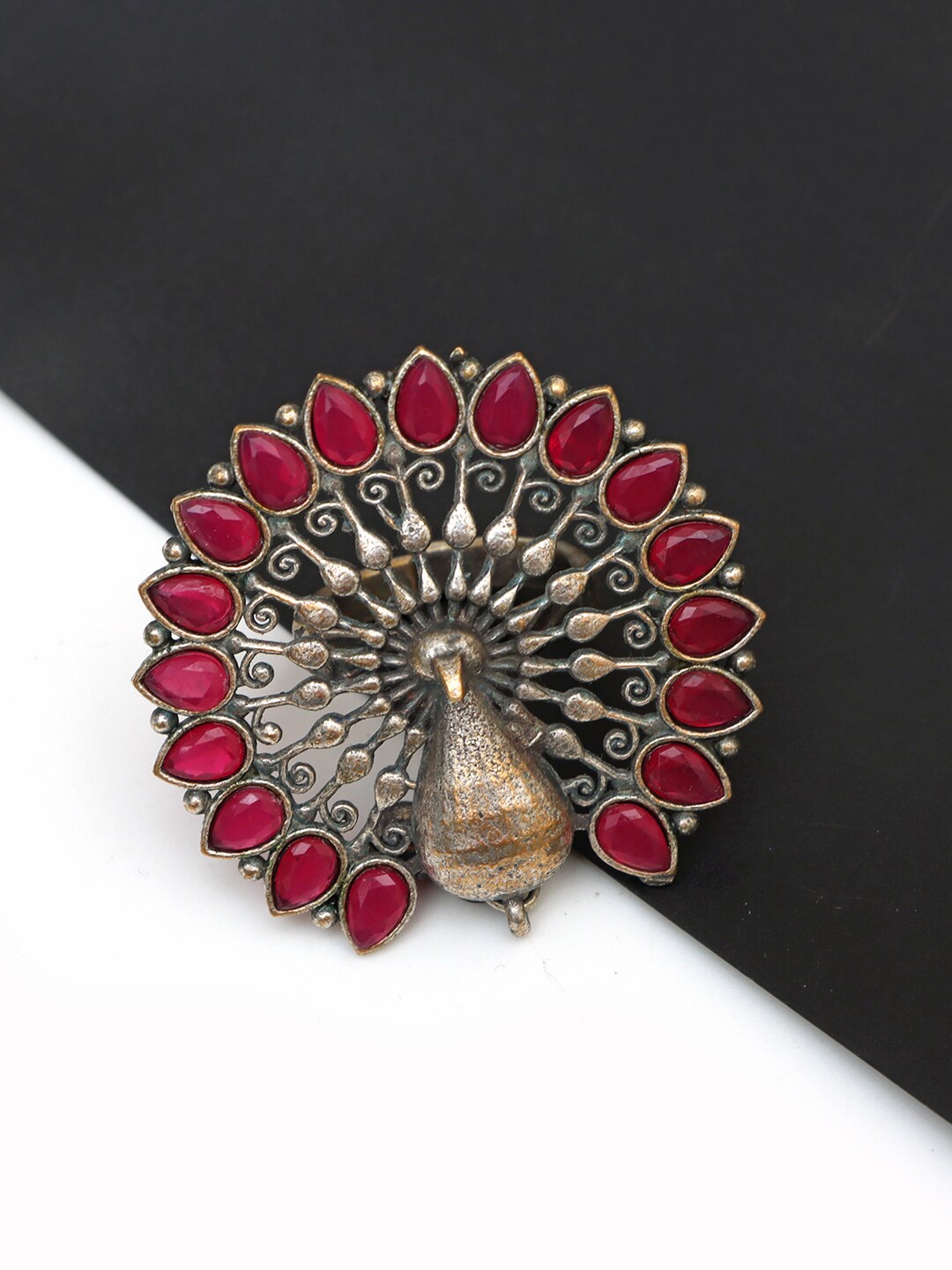 

Ozanoo Silver-Plated Stone-Studded Adjustable Peacock Finger Ring