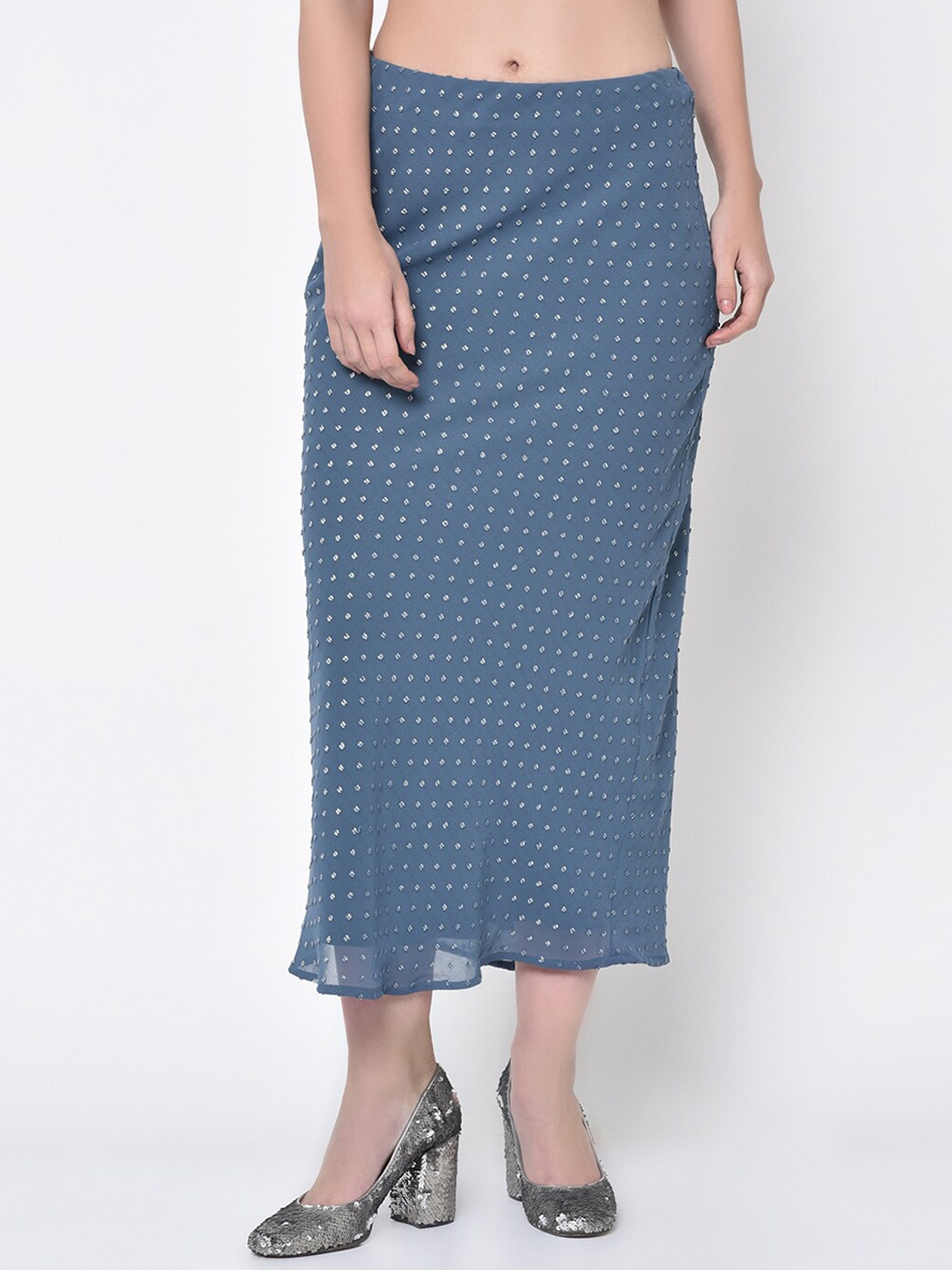 

LELA Dot Printed Bias Midi Skirt, Blue