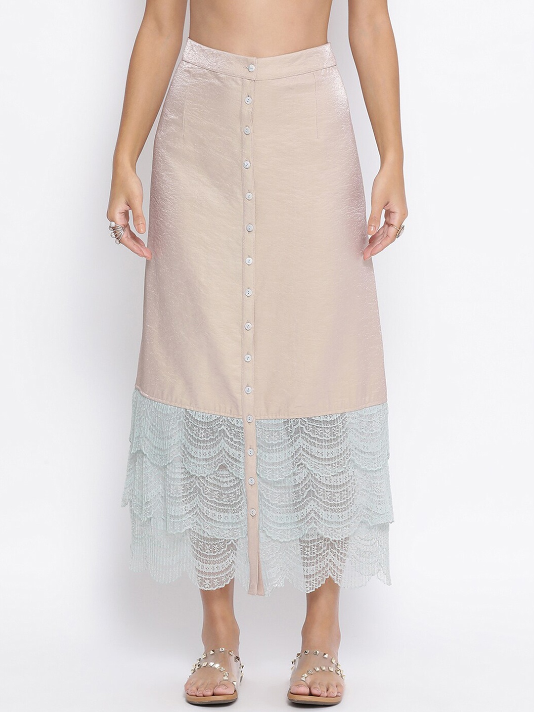 

LELA Women Self Design Scallop Lace Hem Maxi A-Skirt, Beige