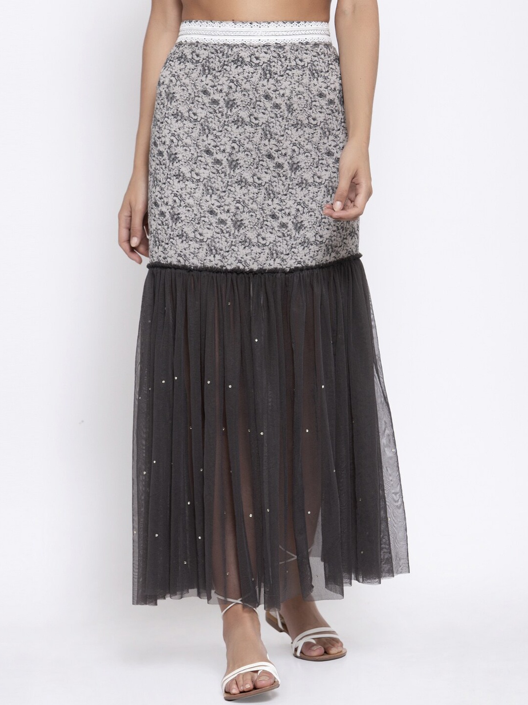 

LELA Printed & Embellished Tiered Maxi Net & Pure Cotton Skirt, Grey