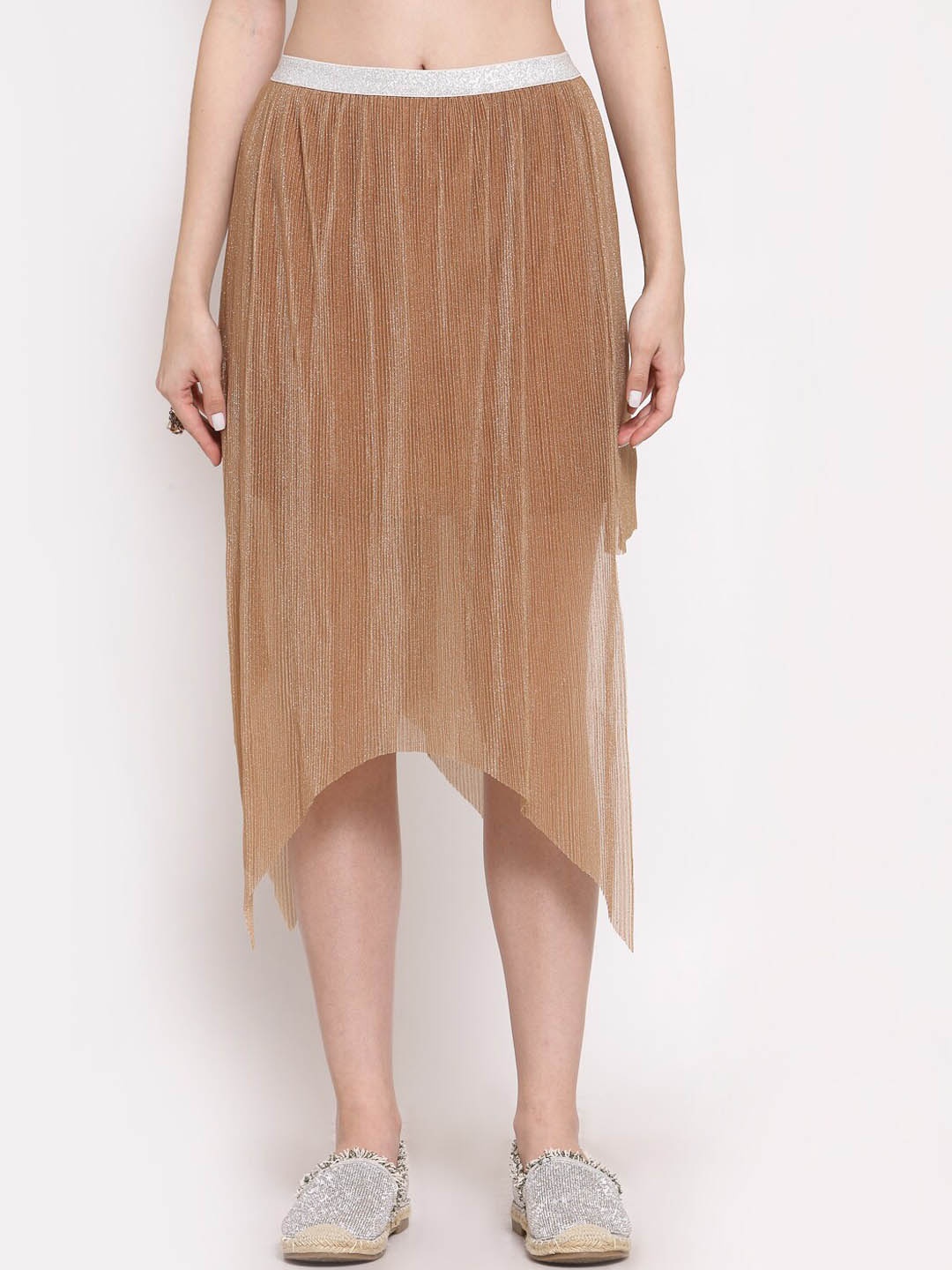 

LELA Women Glitter Asymmetric Midi Skirt, Beige