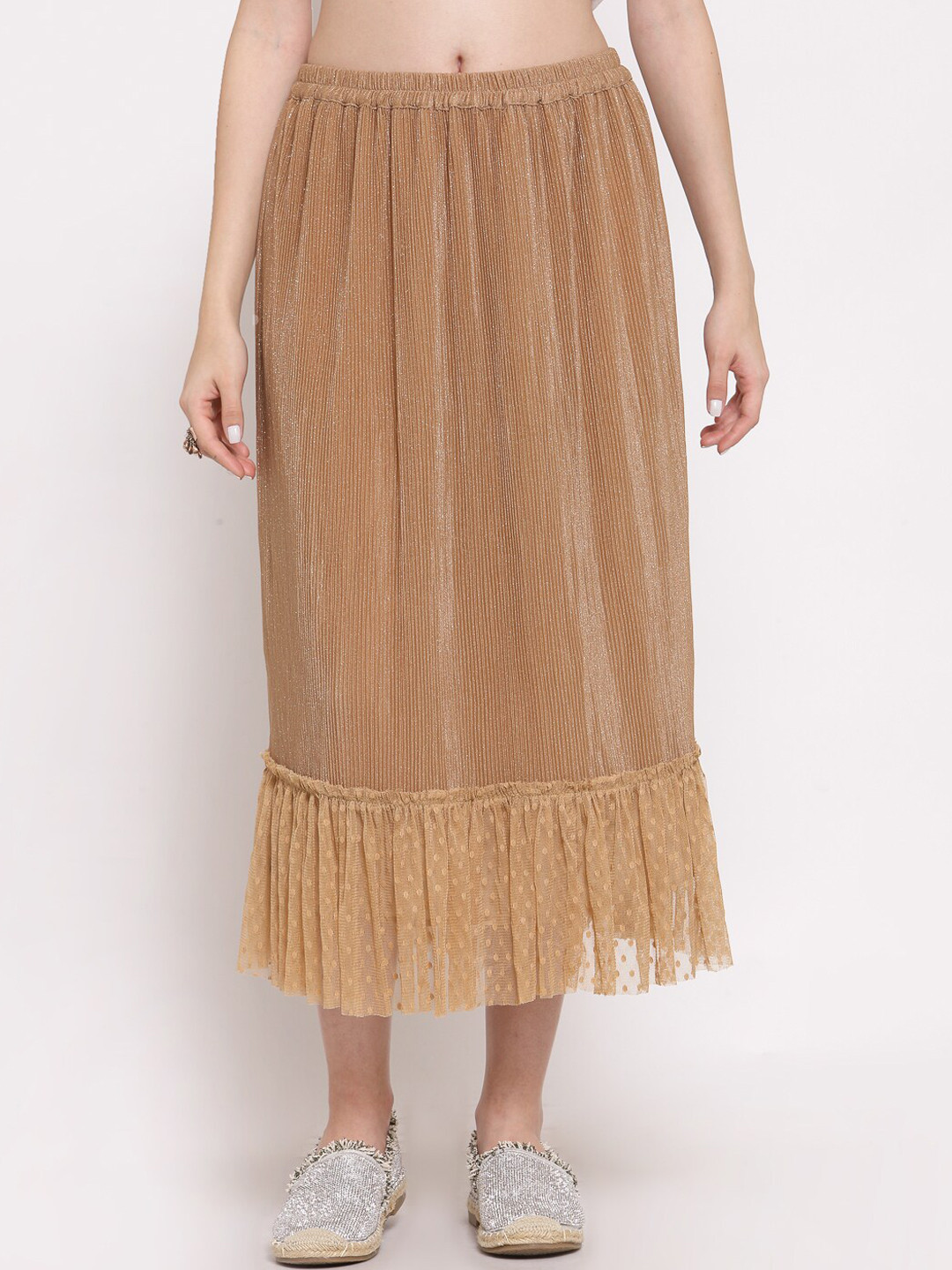 

LELA Women Printed & Frilled Midi Skirt, Beige