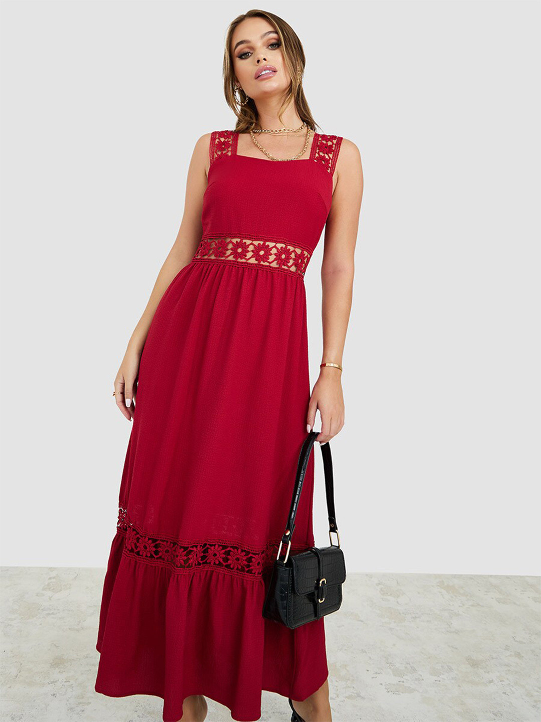 

Styli Lace Inserts Maxi Dress, Maroon
