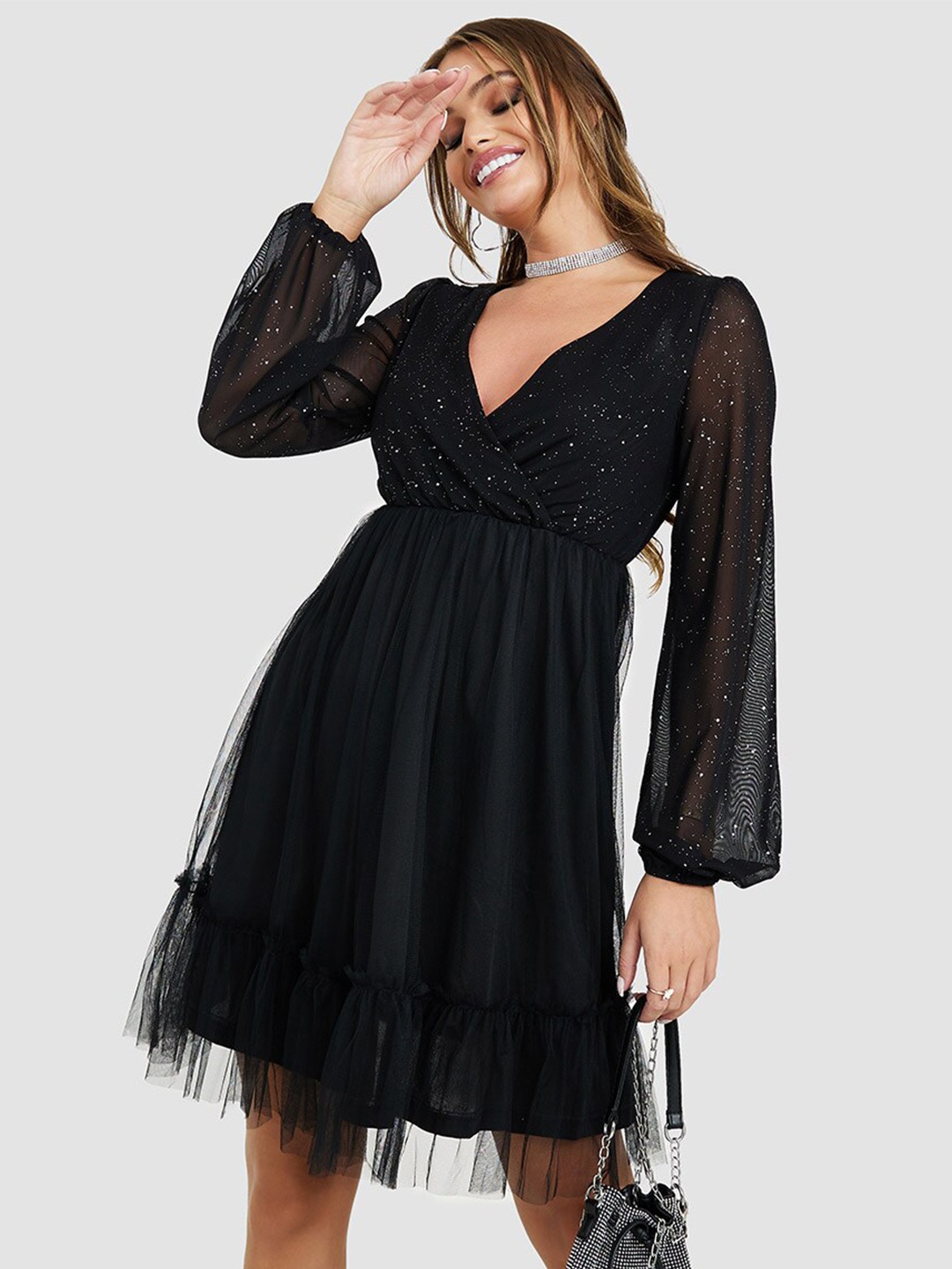 

Styli Puff Sleeves Mini Dress, Black