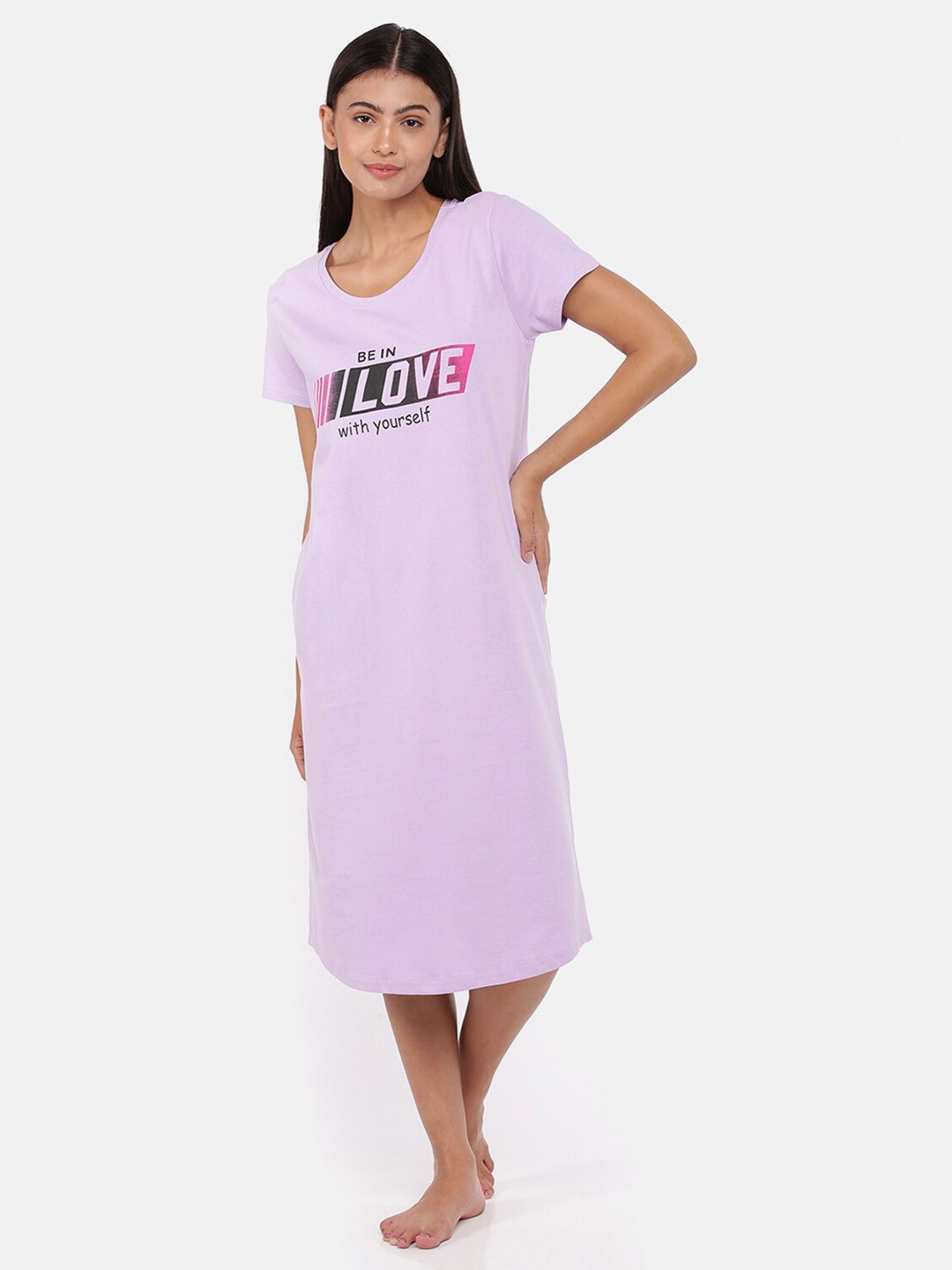 

9shines Label Women Printed Pure Cotton Nightdress, Lavender
