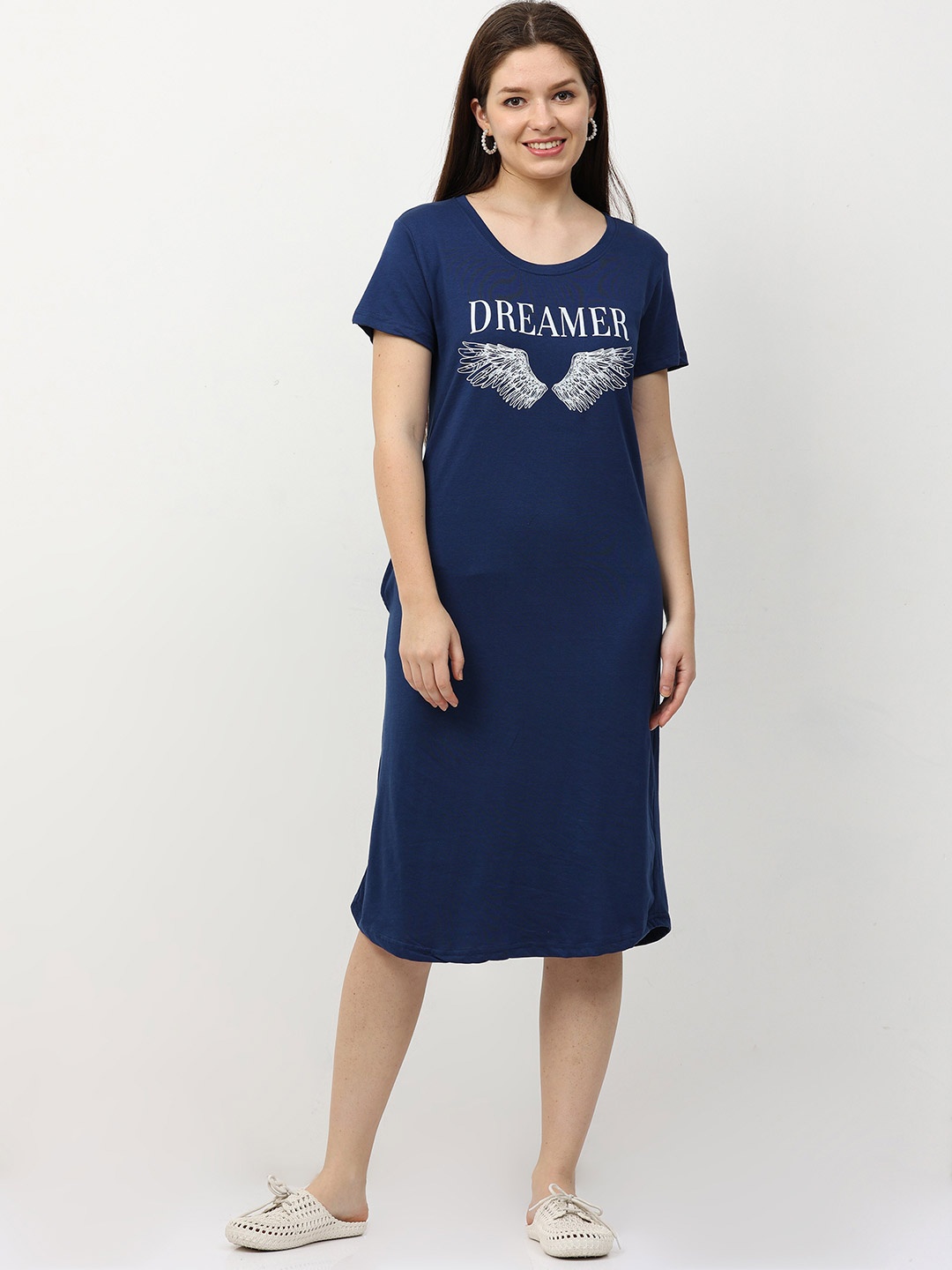 

9shines Label Women Printed Pure Cotton Nightdress, Navy blue