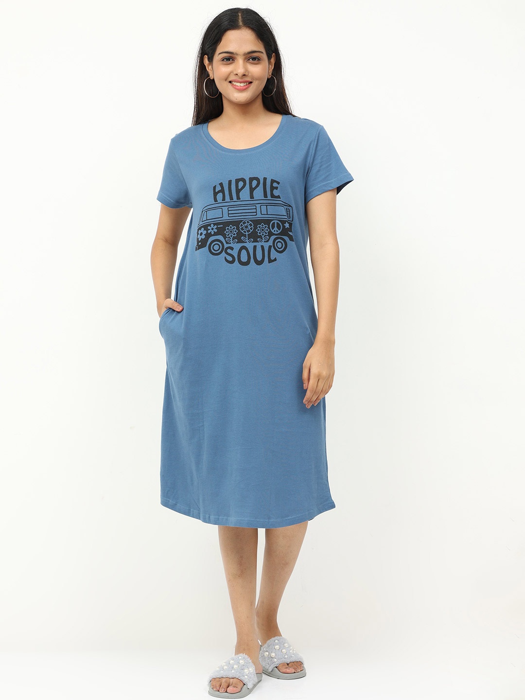 

9shines Label Women Printed Pure Cotton Nightdress, Blue