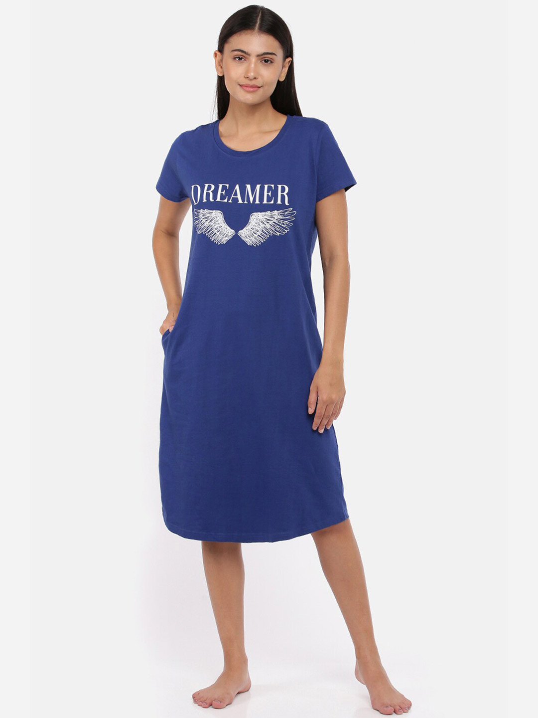 

9shines Label Women Printed Pure Cotton Nightdress, Blue