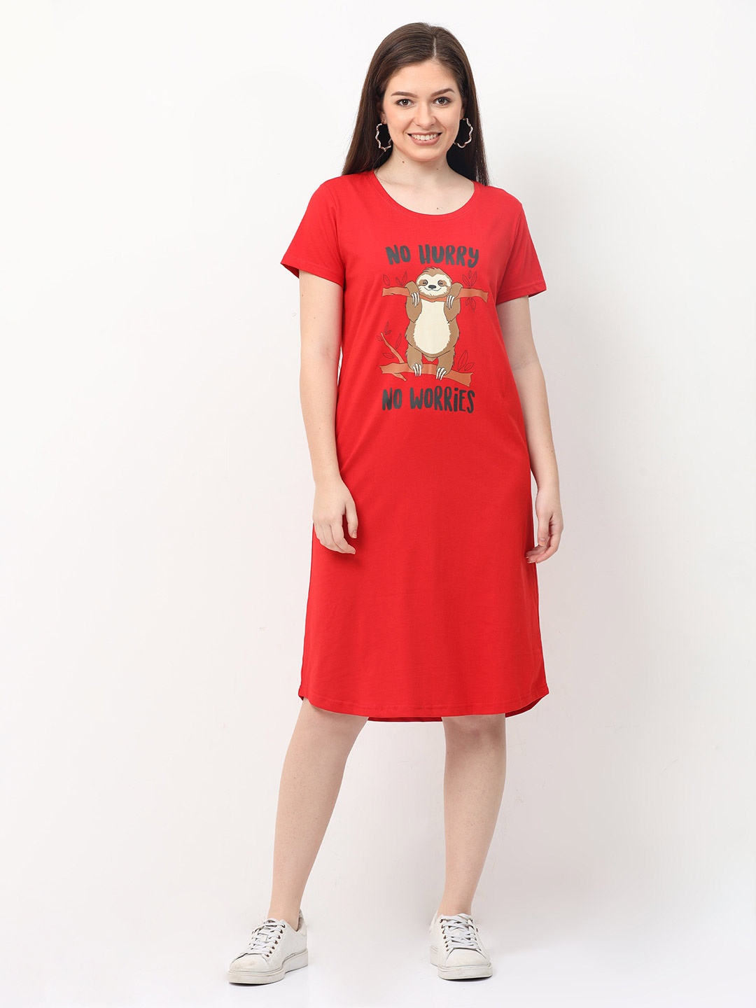 

9shines Label Women Hosiery Cotton Graphic Printed Short Nightdress, Red