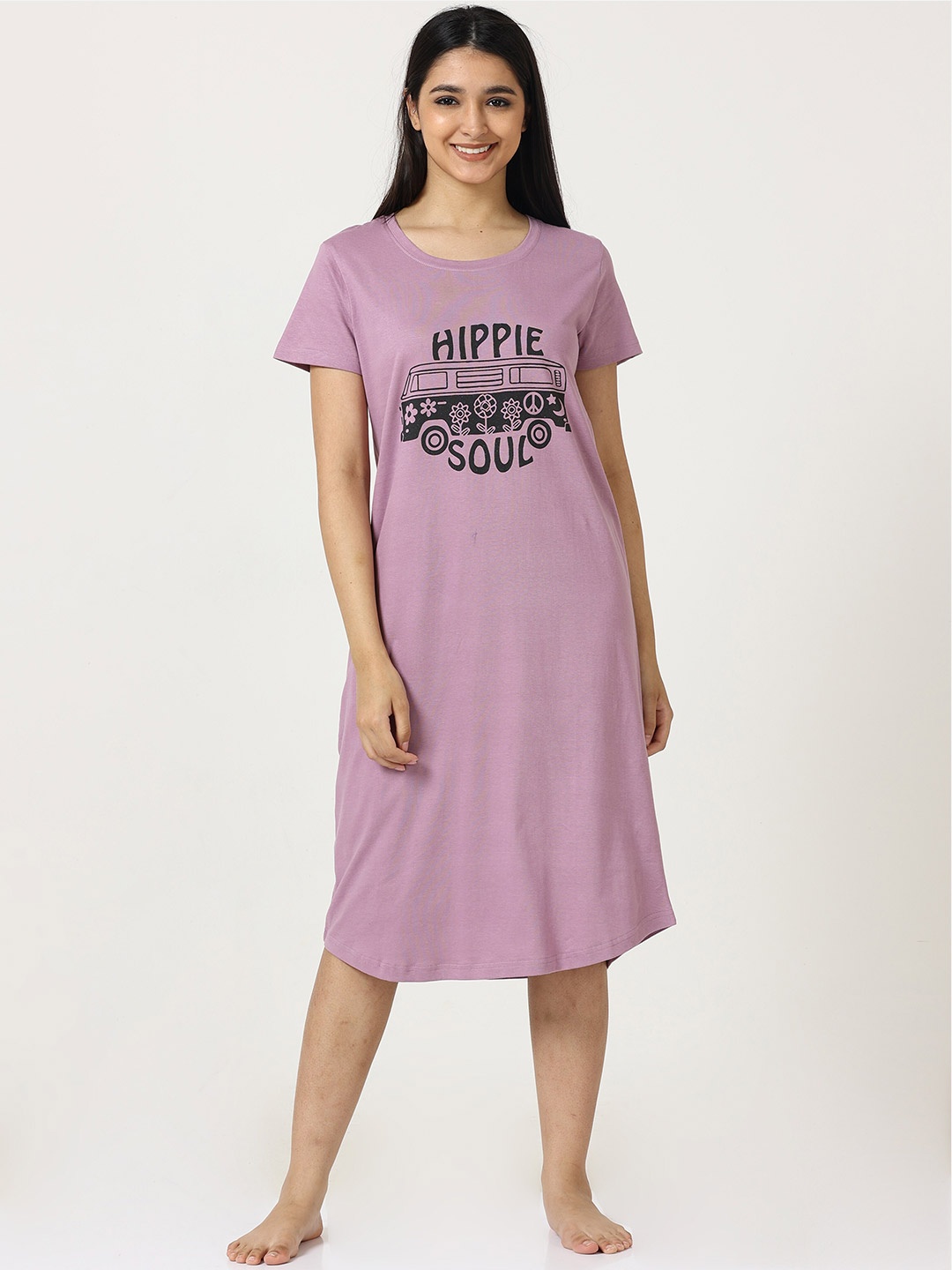 

9shines Label Printed Pure Cotton Nightdress, Lavender