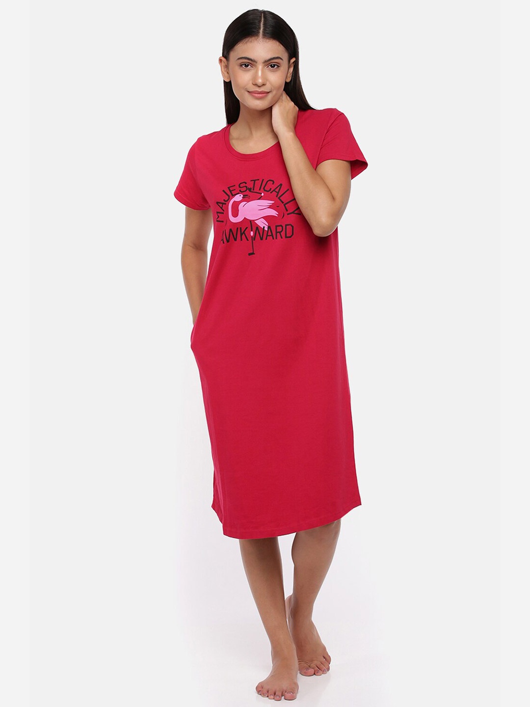 

9shines Label Printed Pure Cotton Nightdress, Fuchsia