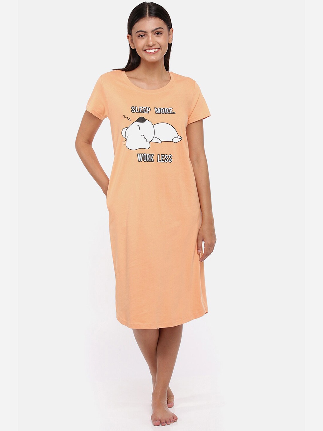 

9shines Label Printed Pure Cotton Nightdress, Peach