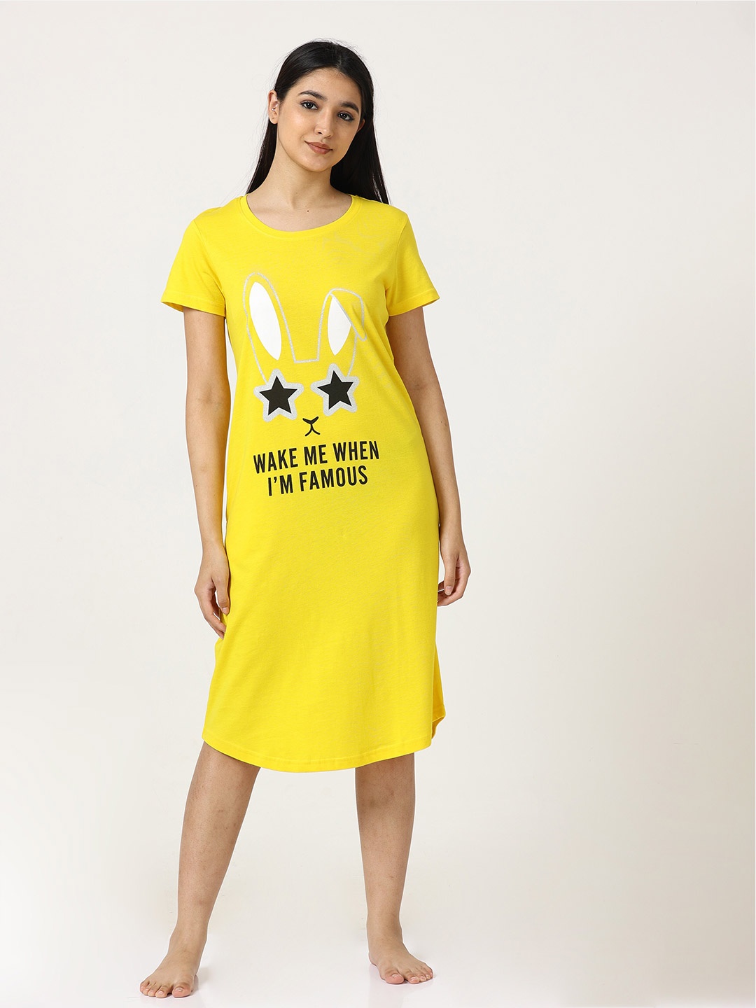 

9shines Label Women Hosiery Cotton Graphic Printed Short Nightdress, Yellow