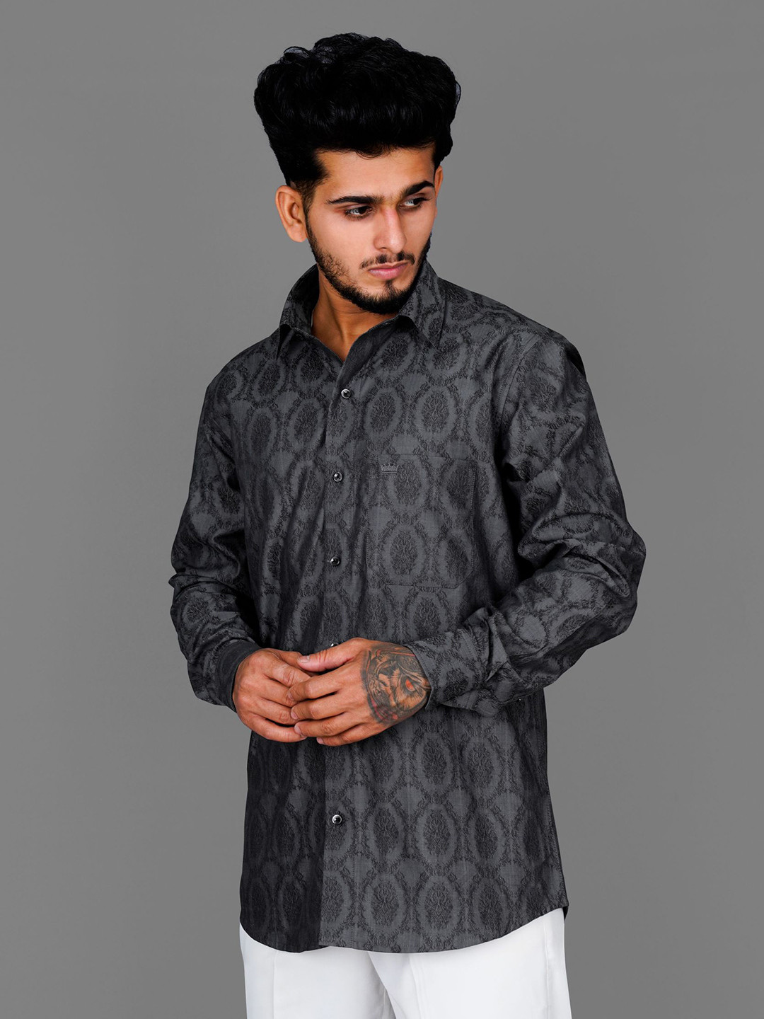 

FRENCH CROWN Men Standard Printed Cotton Casual Shirt, Grey