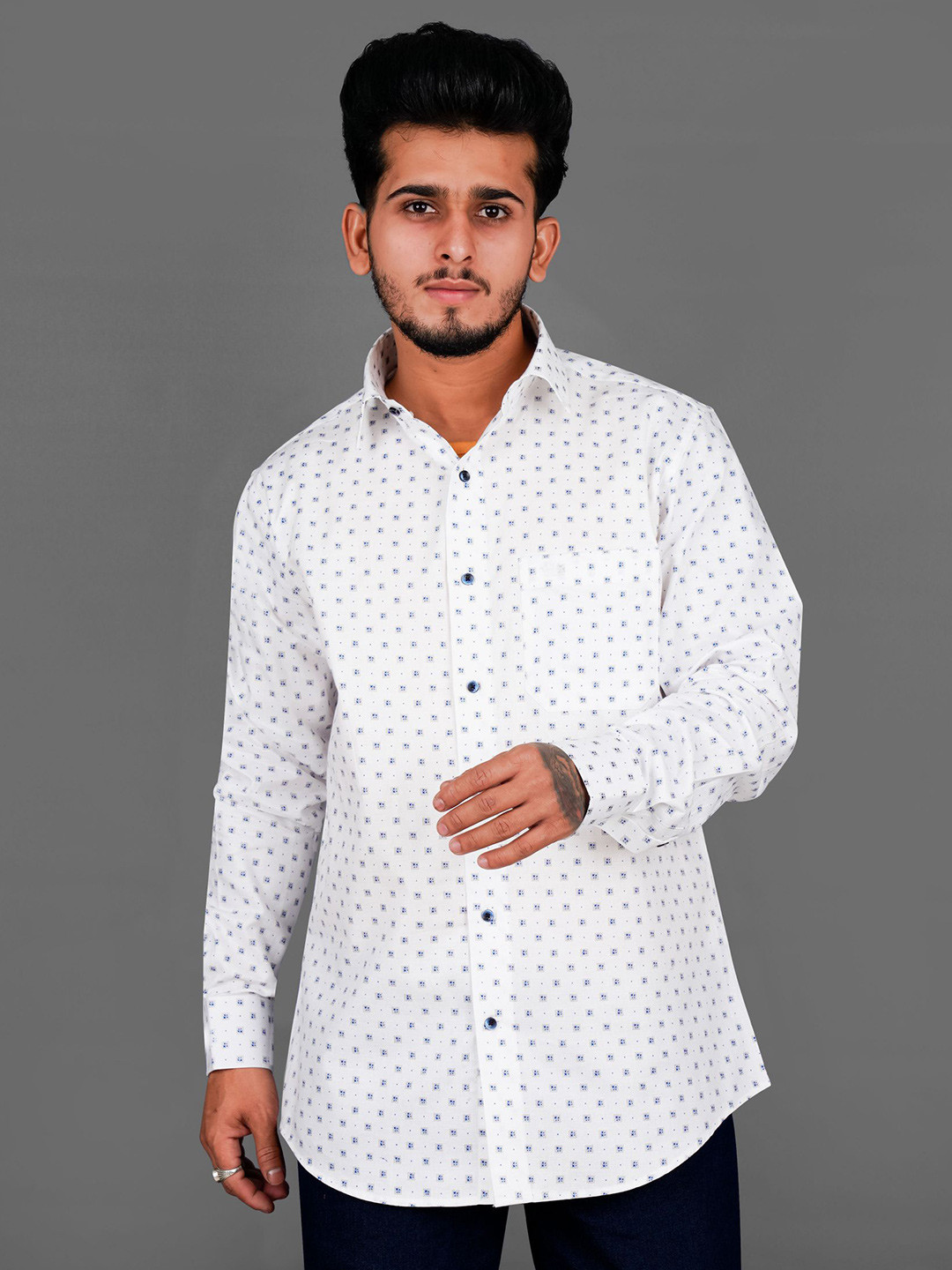 

FRENCH CROWN Men Standard Printed Cotton Casual Shirt, White