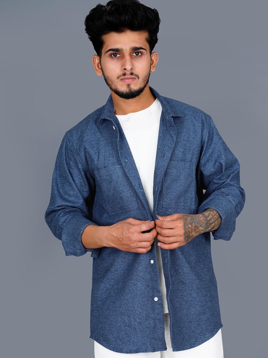 

FRENCH CROWN Men Standard Cotton Casual Shirt, Blue