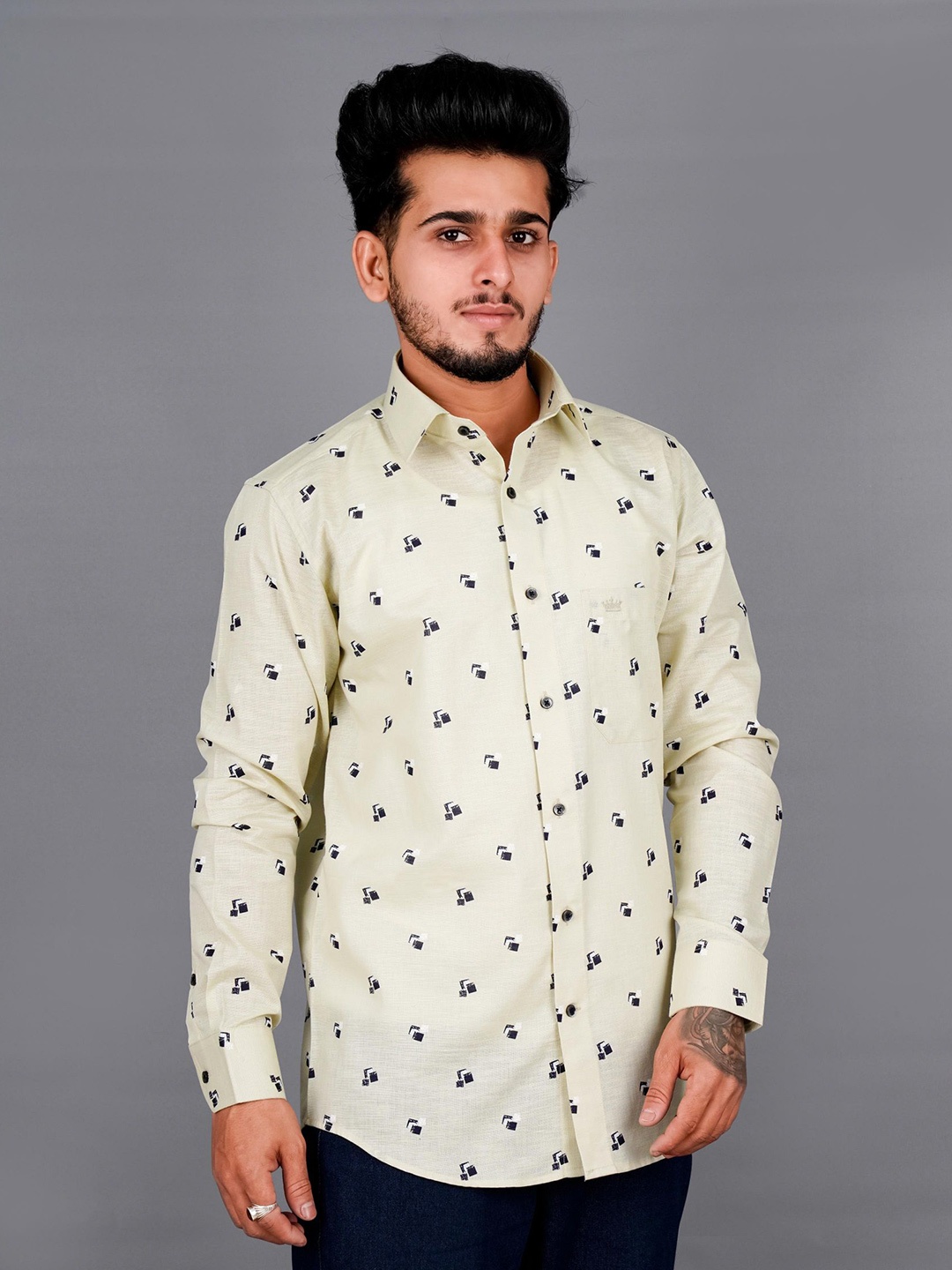 

FRENCH CROWN Men Standard Printed Casual Shirt, Cream