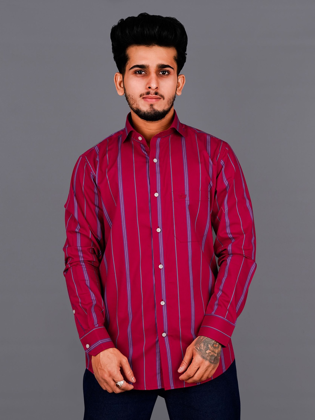 

FRENCH CROWN Men Standard Striped Cotton Casual Shirt, Maroon