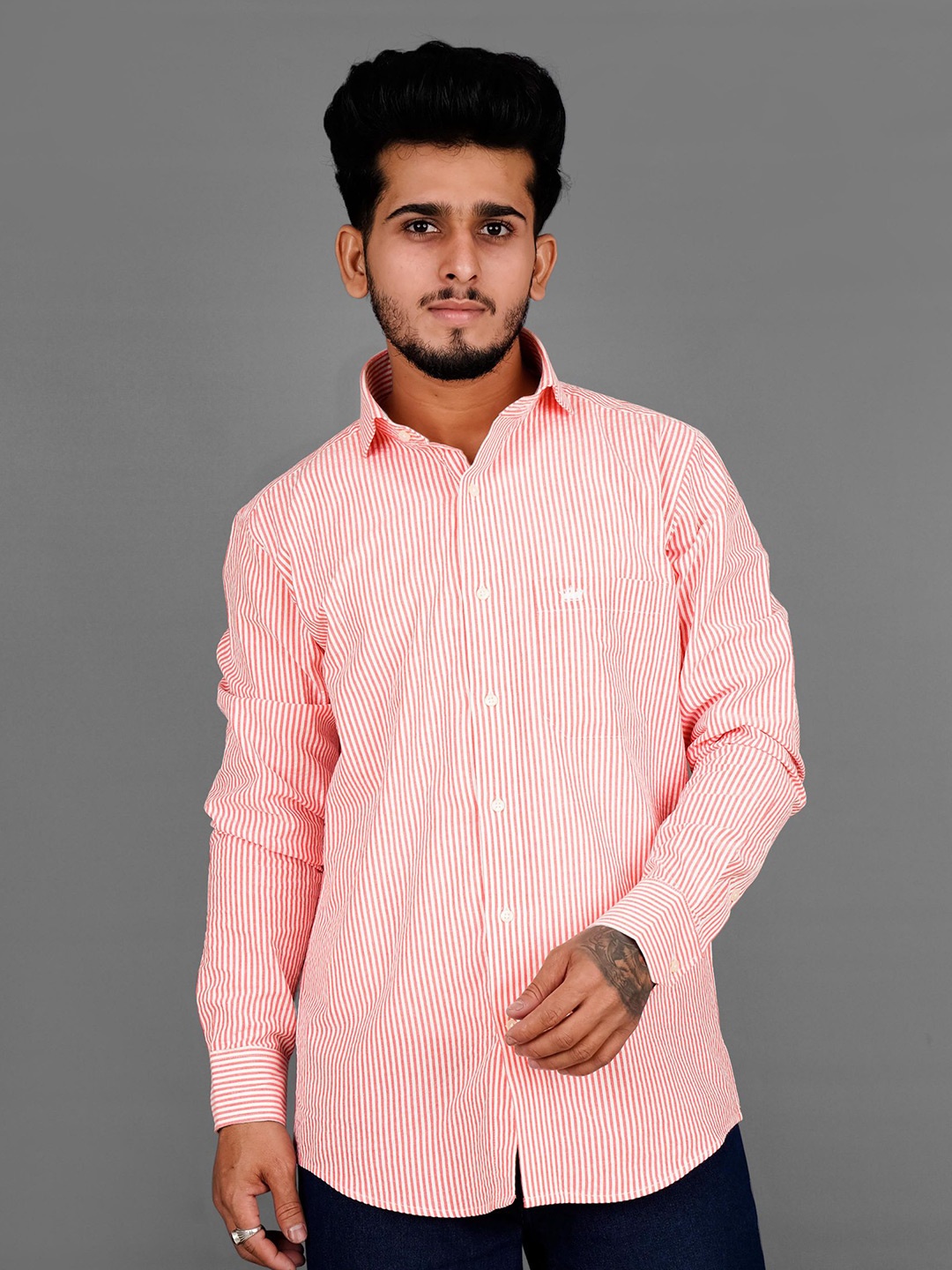 

FRENCH CROWN Men Standard Striped Cotton Casual Shirt, Red