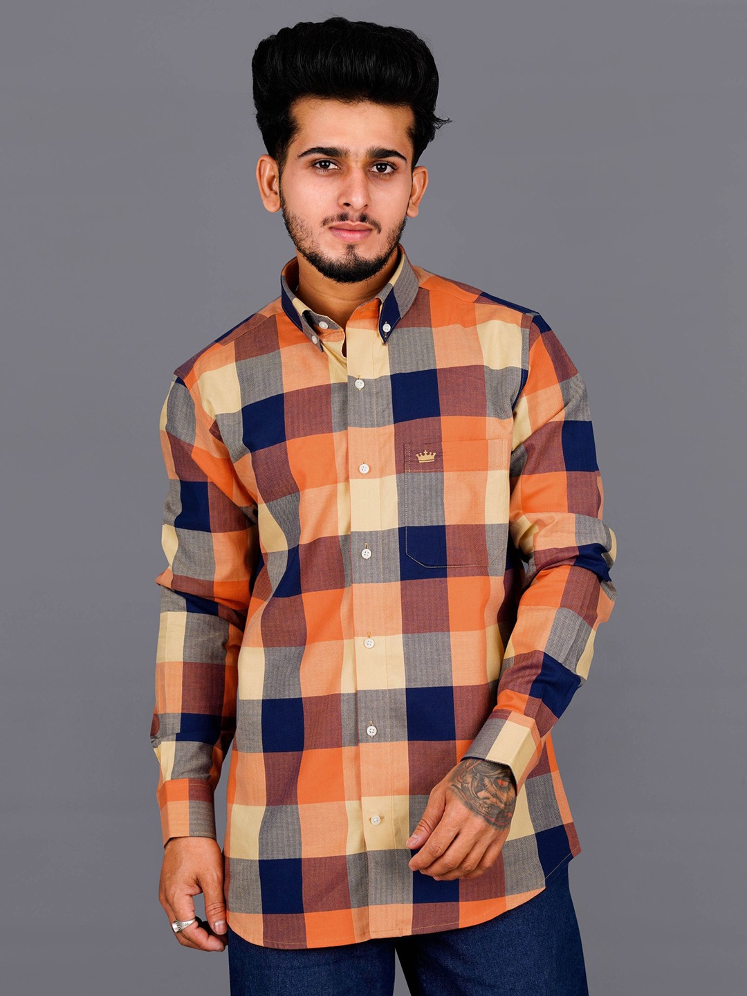 

FRENCH CROWN Men Standard Buffalo Checked Herringbone Casual Shirt, Orange