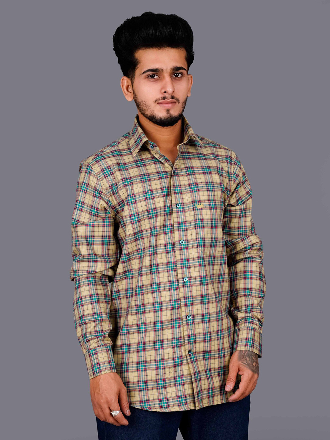 

FRENCH CROWN Men Standard Checked Twill Plaid Premium Cotton Casual Shirt, Brown