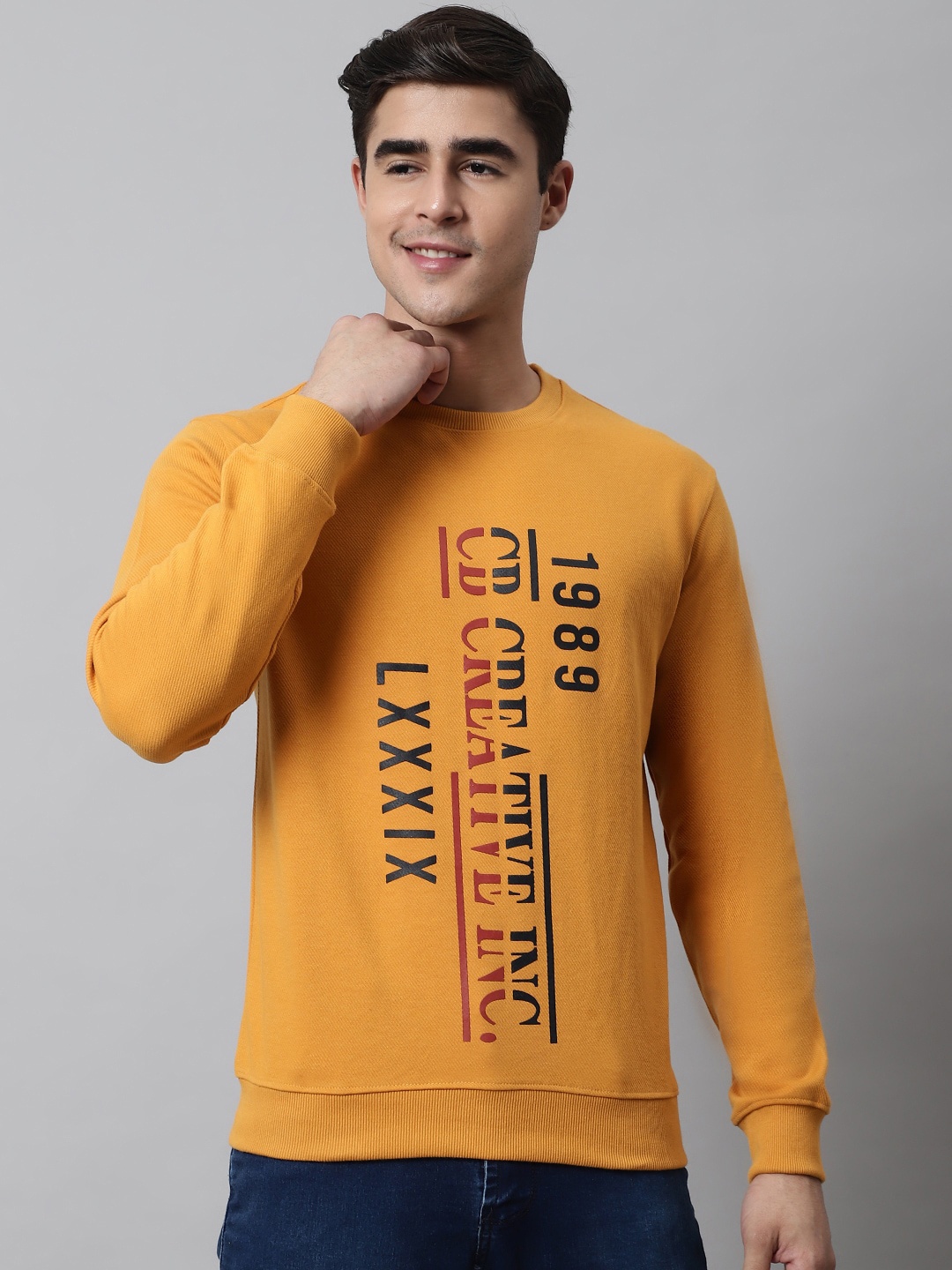 

Cantabil Men Mustard Yellow Typography Printed Raw Edge T-shirt