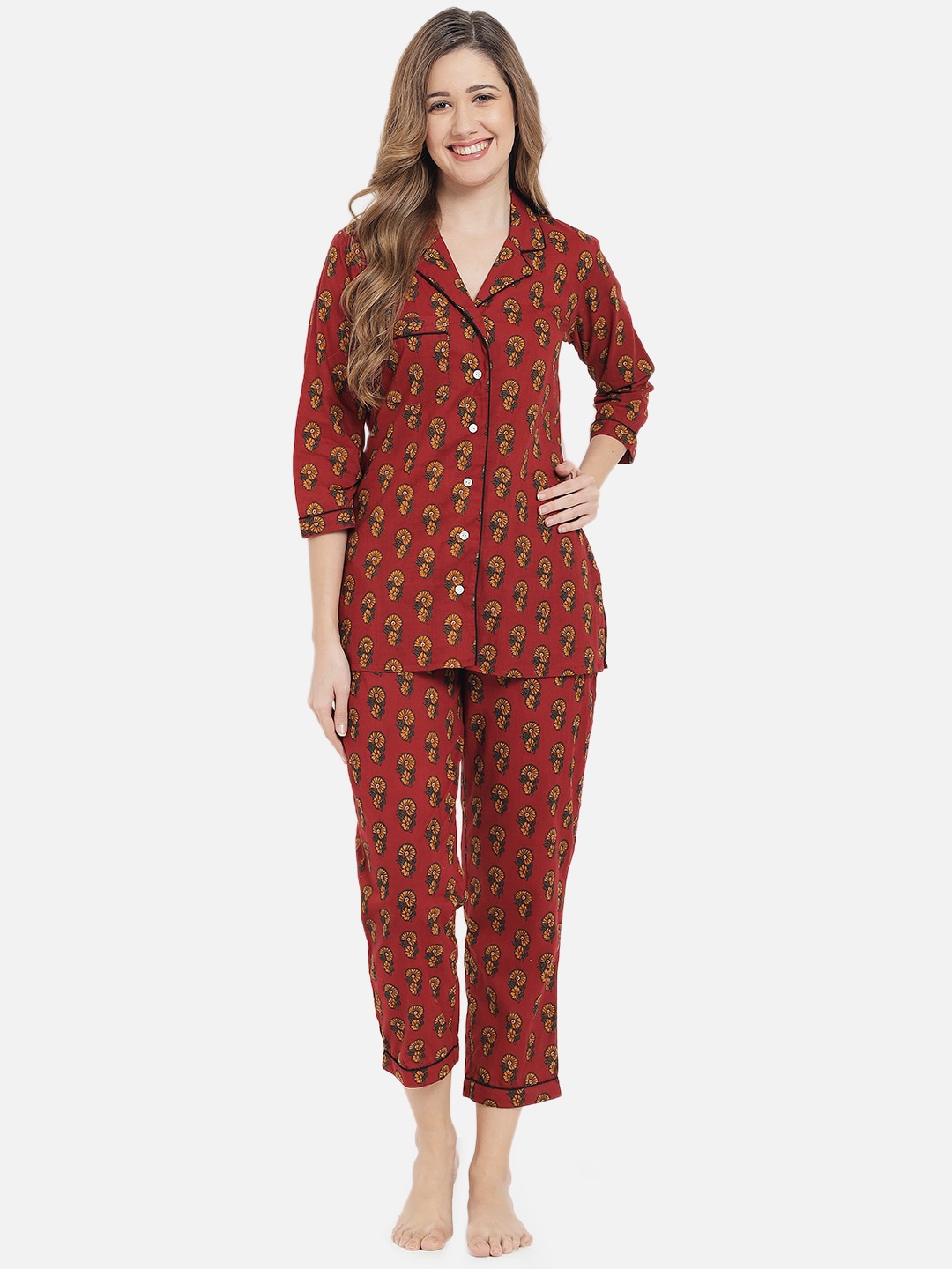 

Meeranshi Women Maroon & Mustard Printed Night suit