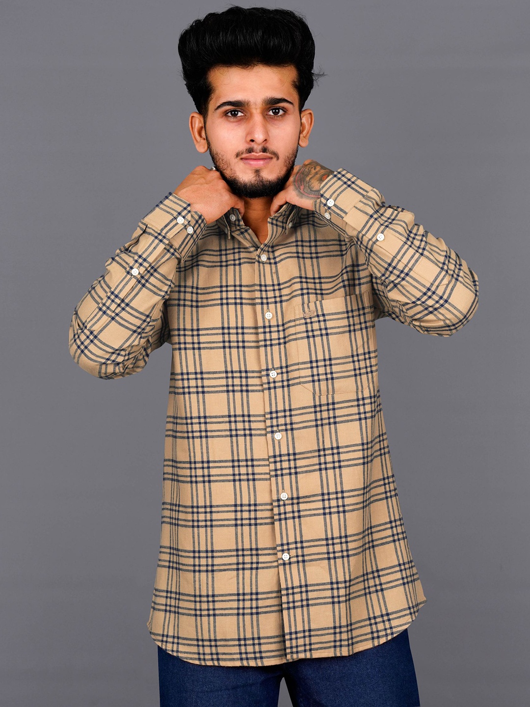 

FRENCH CROWN Men Standard Tartan Checked Cotton Casual Shirt, Brown