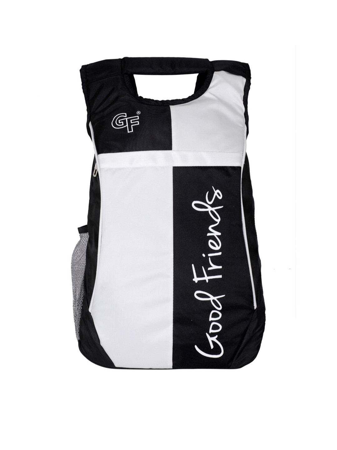 

GOOD FRIENDS Unisex Black & White Typography Backpack with Hip Strap