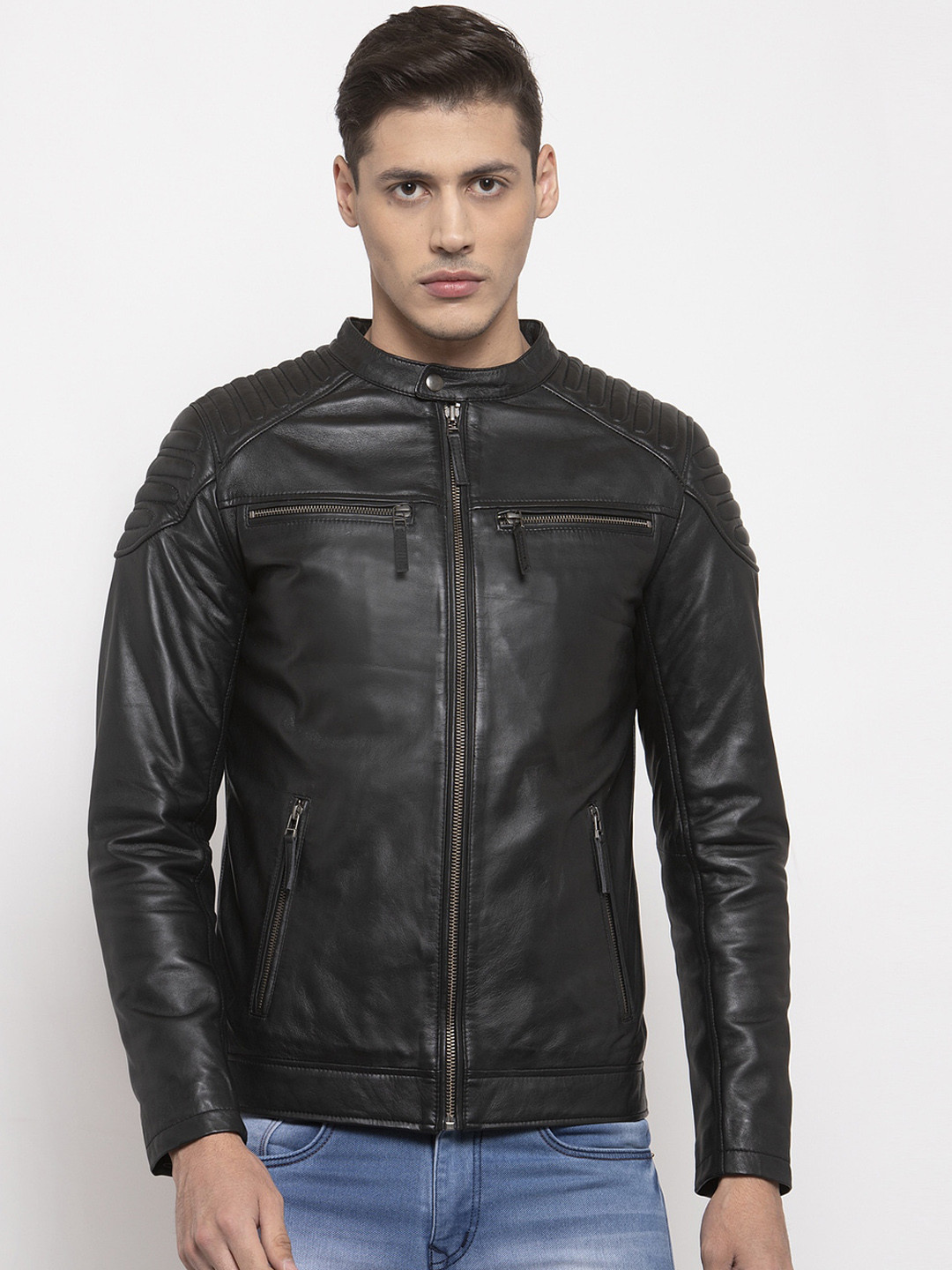 

WELBAWT Men Black Camouflage Leather Lightweight e-Dry Technology Leather Jacket