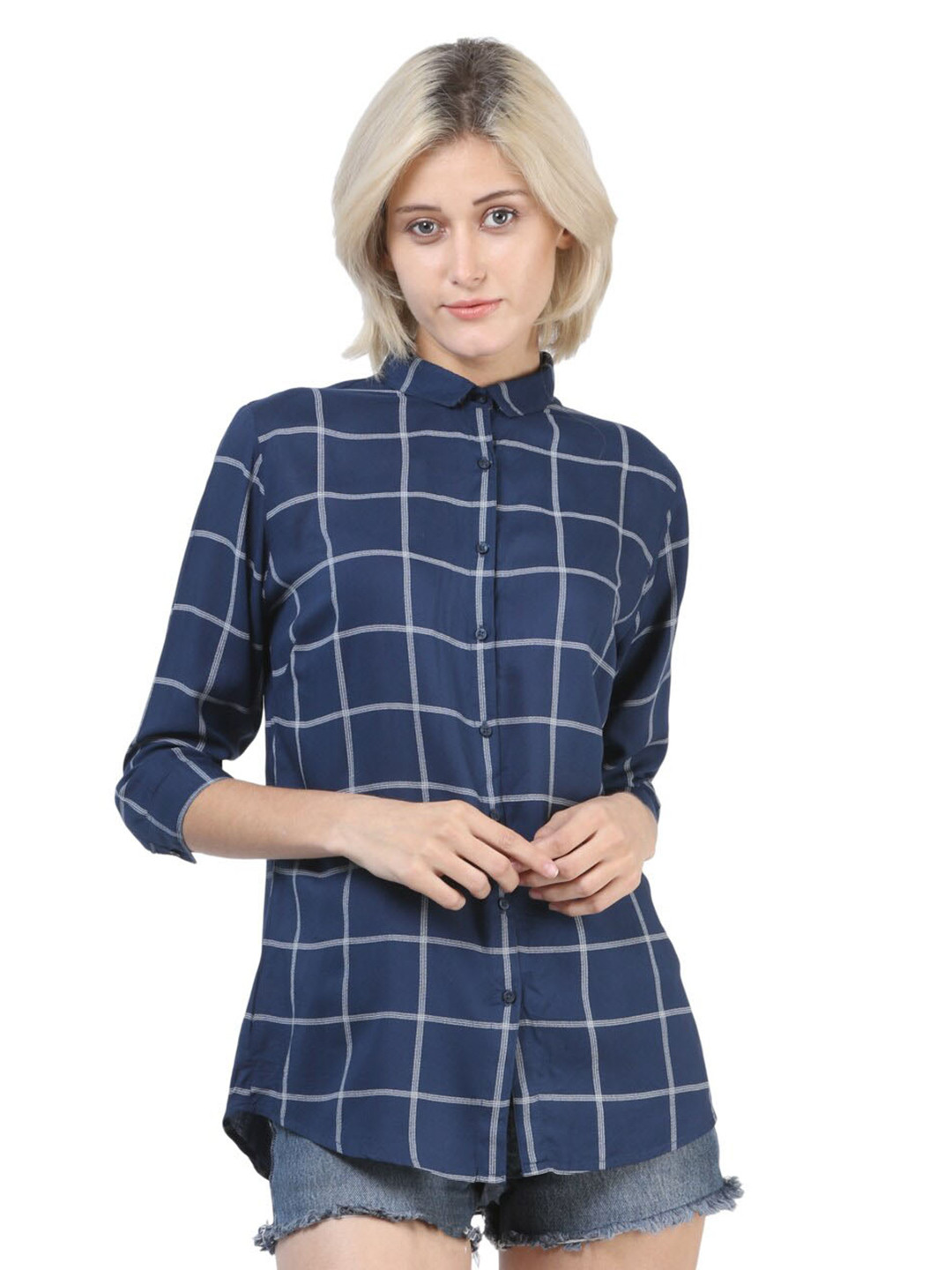 

Crimsoune Club Women Blue Slim Fit Windowpane Checks Checked Casual Shirt