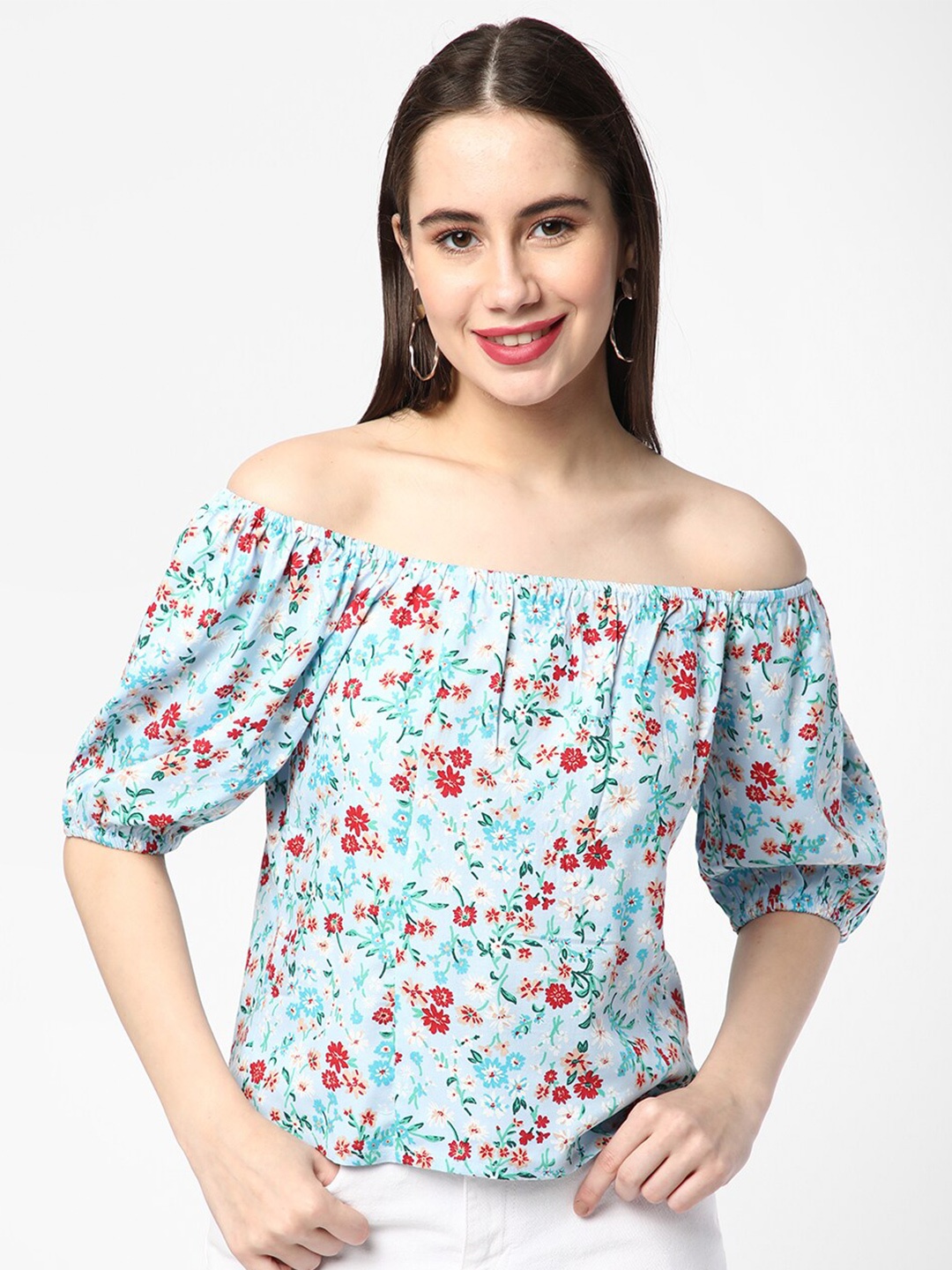

R&B Blue Floral Print Off-Shoulder Bardot Crop Top