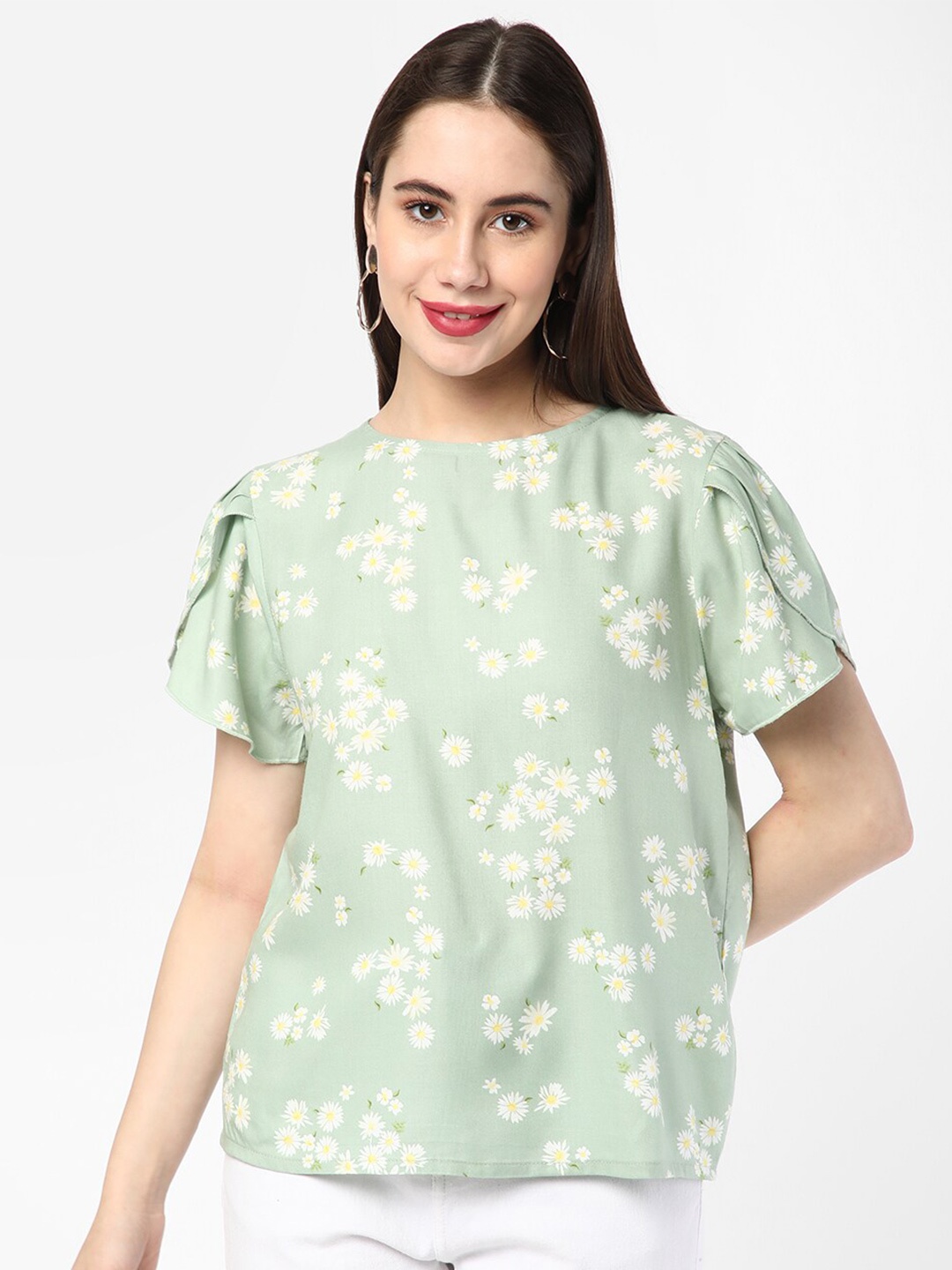 

R&B Peach-Coloured Floral Print Extended Sleeves Styled Back Top