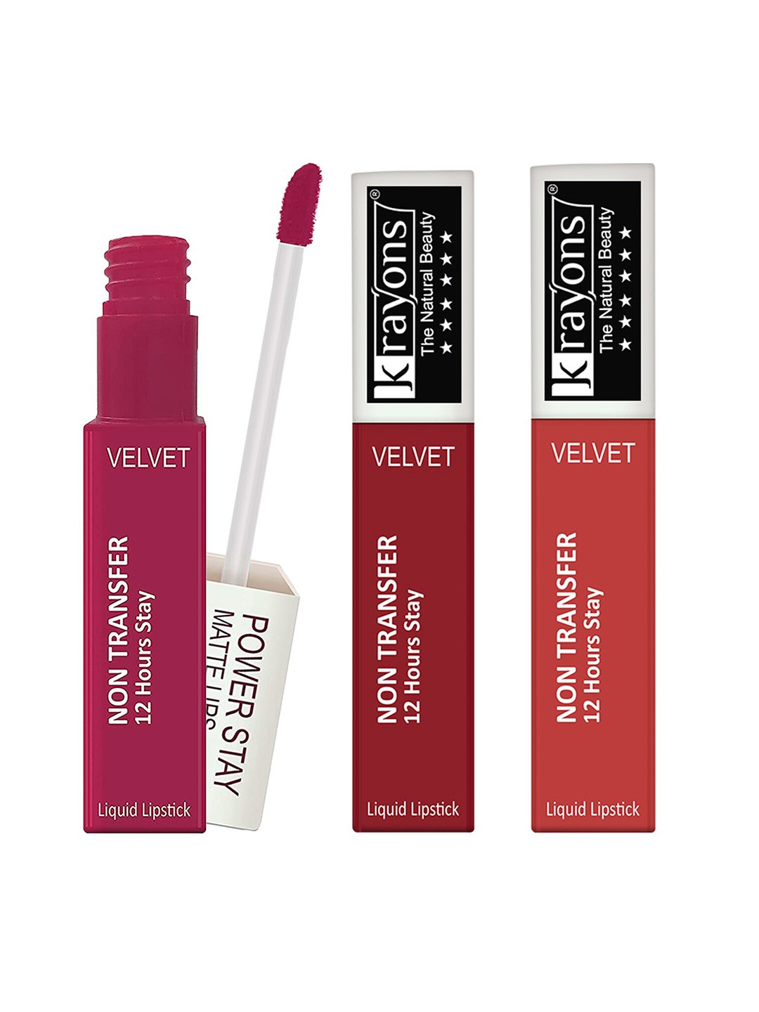 

krayons Set of 3 Power Stay Non-Transfer 12 Hours Stay Matte Liquid Lipsticks 4 ml Each-Burnt Orange 10 - Red Rush 22 - Pink Glam 01