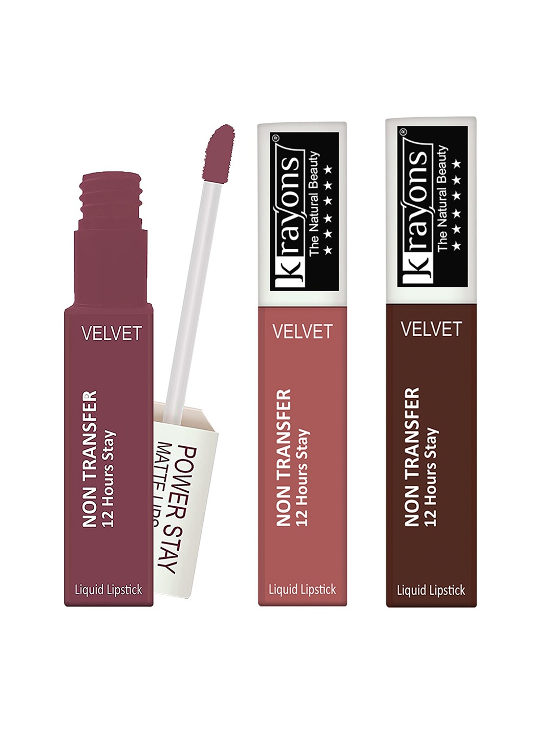 

krayons Set of 3 Power Stay Non-Transfer 12 Hours Stay Matte Liquid Lipsticks 4 ml Each-Mauve Glaze 23 - Wow Nude 21 - Caramel 16