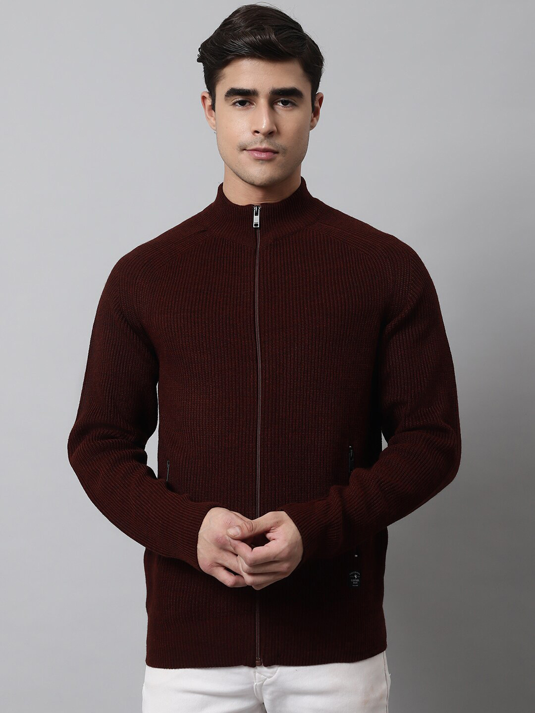 

Cantabil Men Rust Ribbed Cardigan with Zip Detail Detail