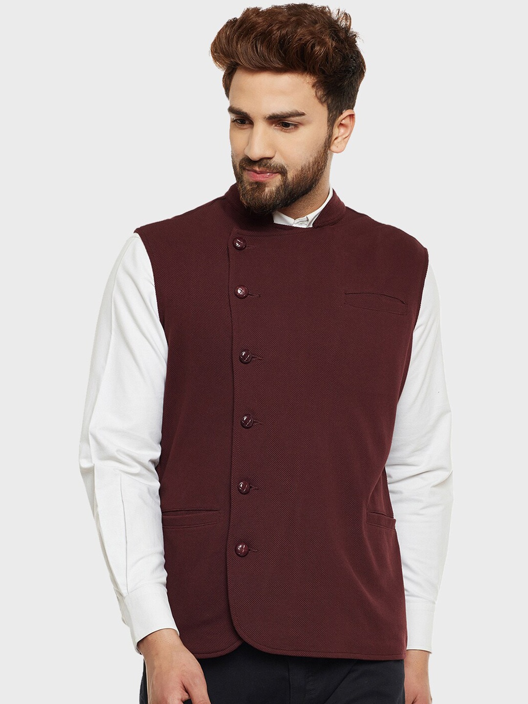 

Hypernation Men Solid Cotton Waistcoat, Brown