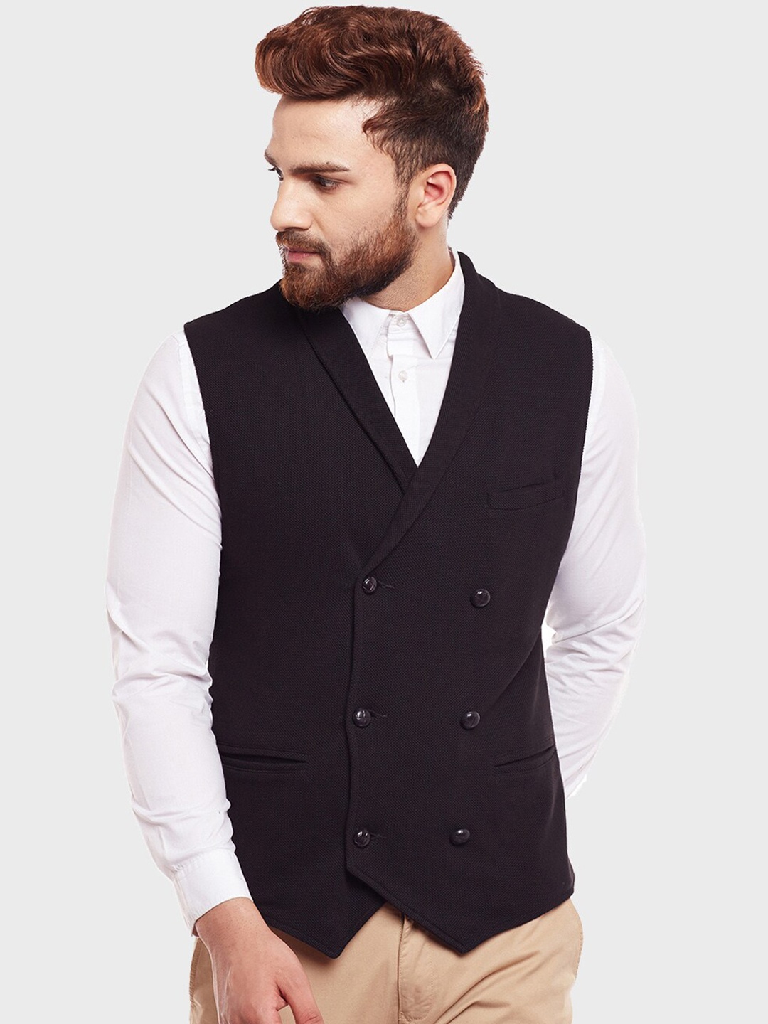 

Hypernation Men Pure Cotton Double-Breasted Waistcoat, Black