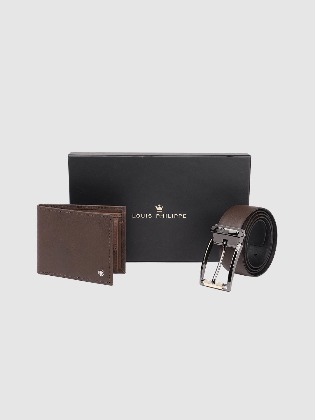 

Louis Philippe Men Solid Leather Wallet & Reversible Belt Gift Set, Brown