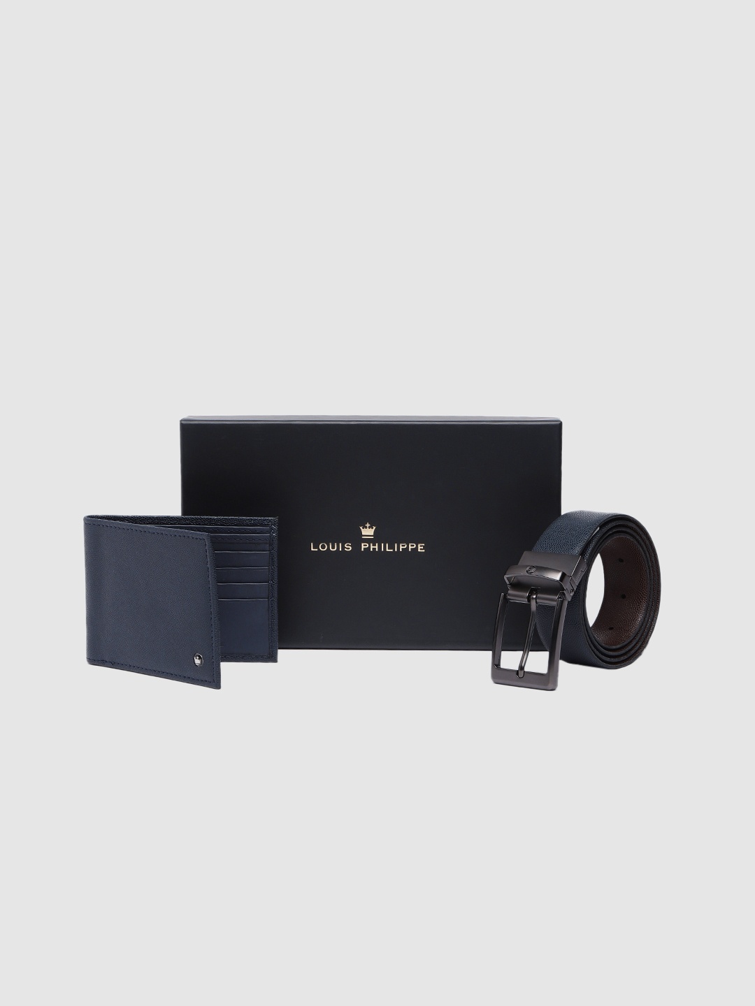 

Louis Philippe Men Textured Genuine Leather Wallet & Reversible Belt Gift Set, Navy blue