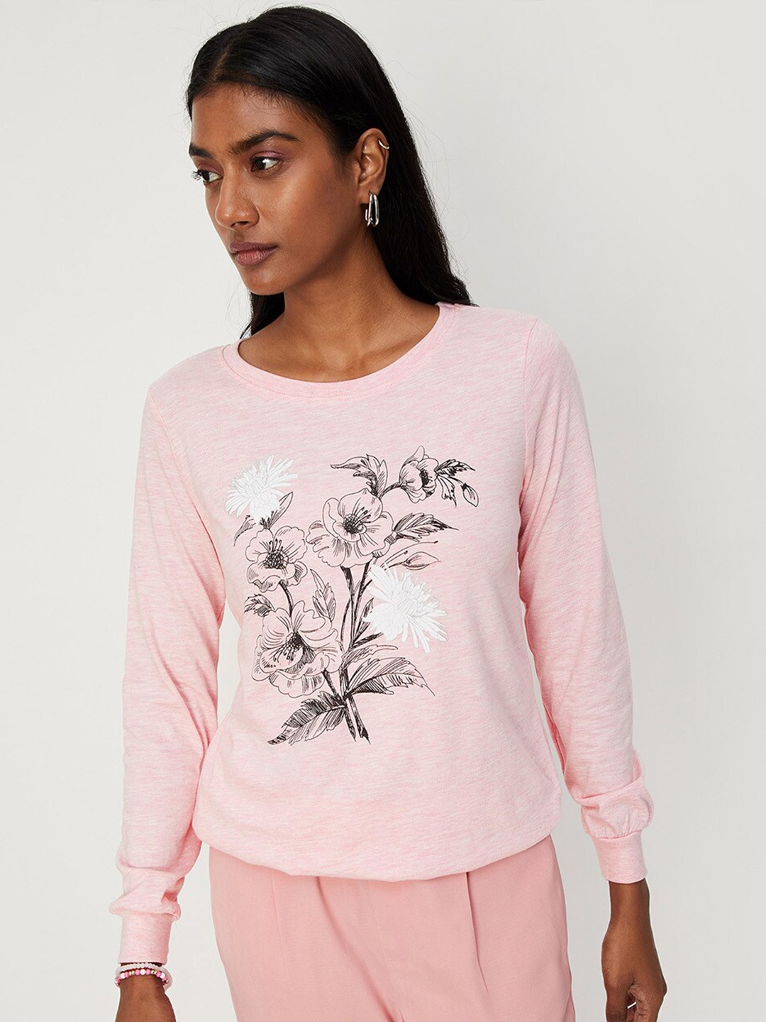 

max Women Pink Floral Printed V-Neck Extended Sleeves Tropical T-shirt
