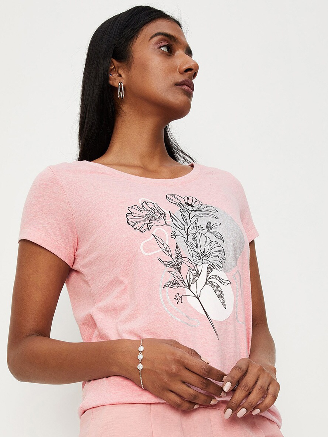 

max Women Pink Printed Raw Edge T-shirt