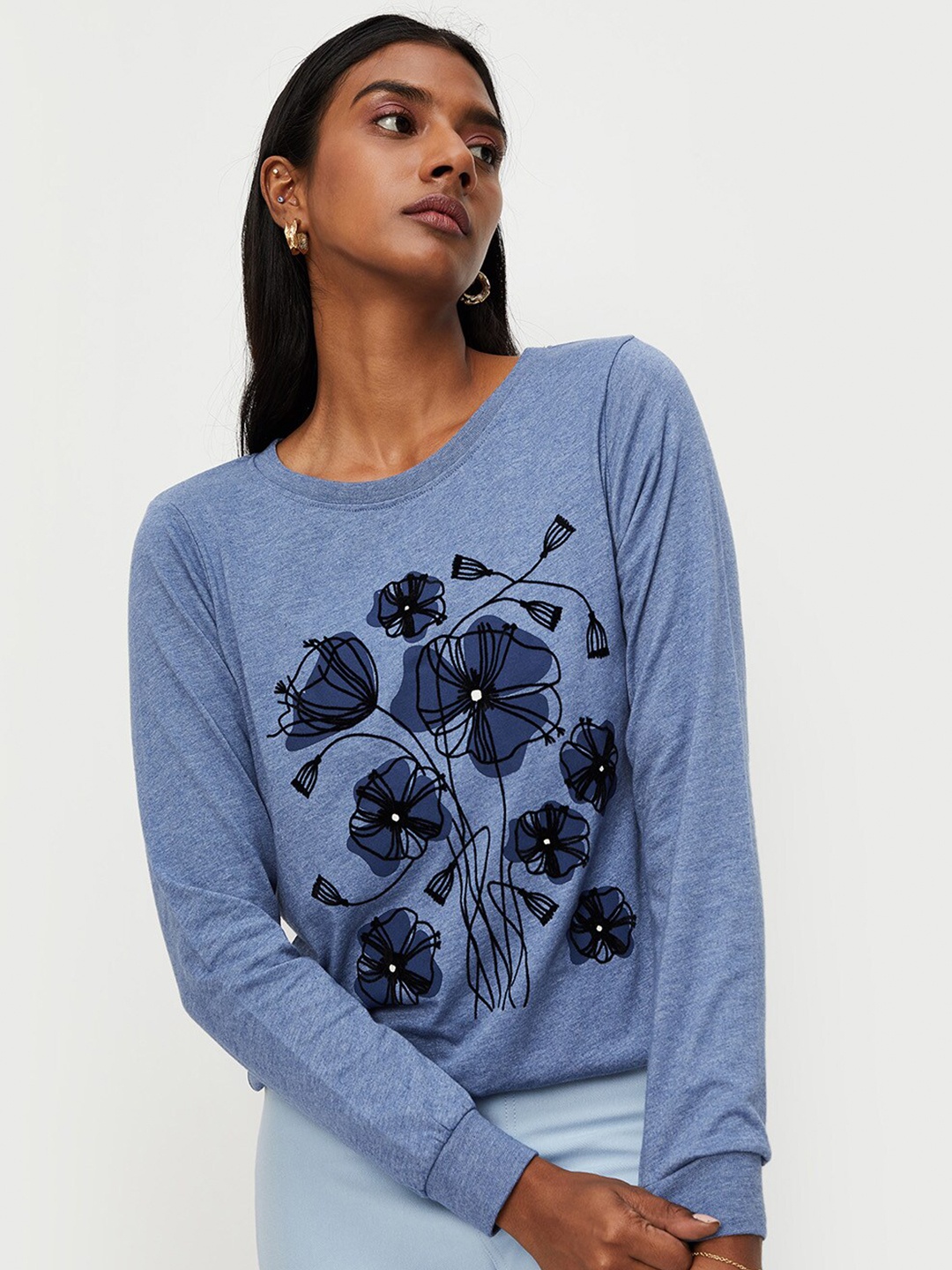 

max Women Blue Printed T-shirt