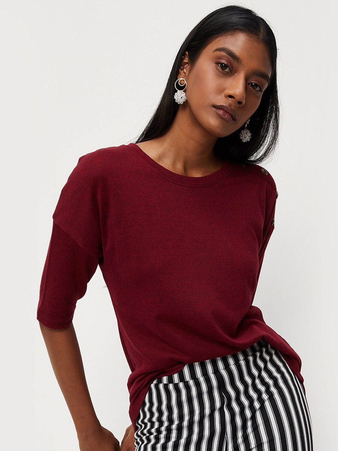

max Women Maroon V-Neck Extended Sleeves T-shirt