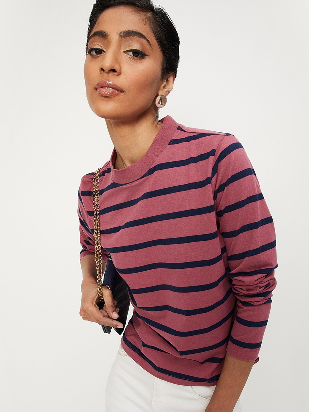 

max Women Purple Striped Extended Sleeves T-shirt