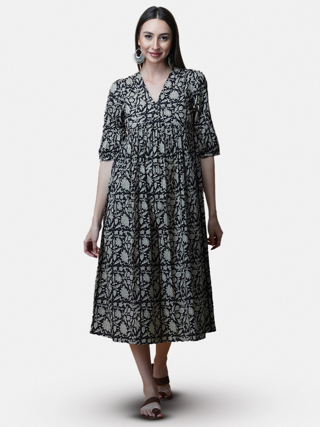 

GULAB CHAND TRENDS Floral A-Line Midi Ethnic Dresses, Black