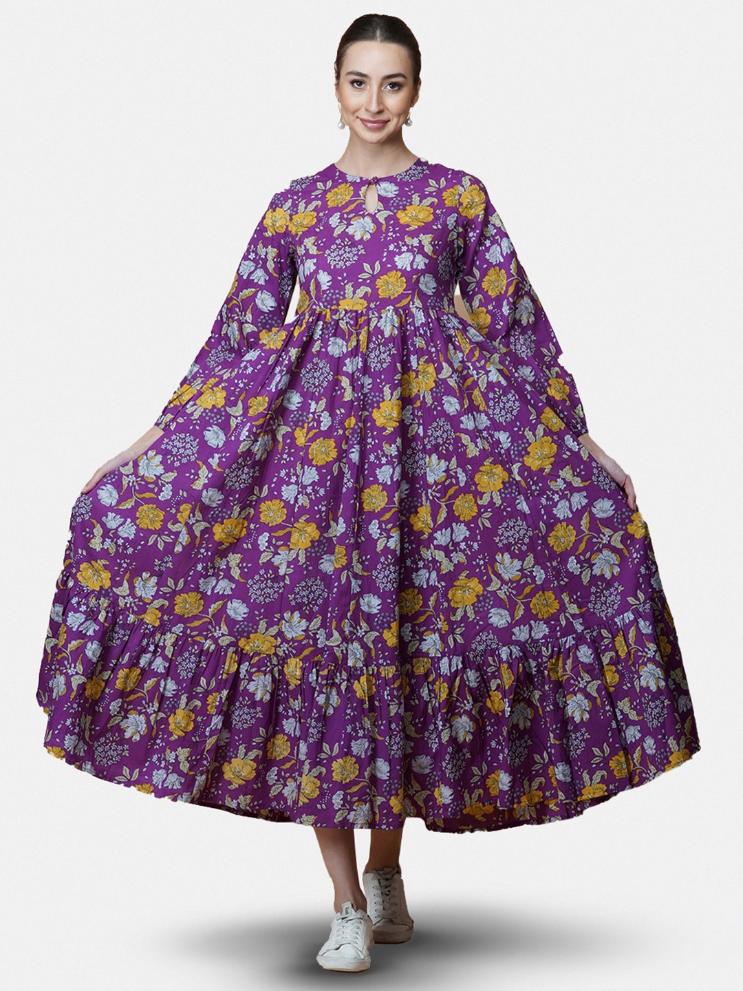 

GULAB CHAND TRENDS Floral Keyhole Neck A-Line Midi Dress, Purple